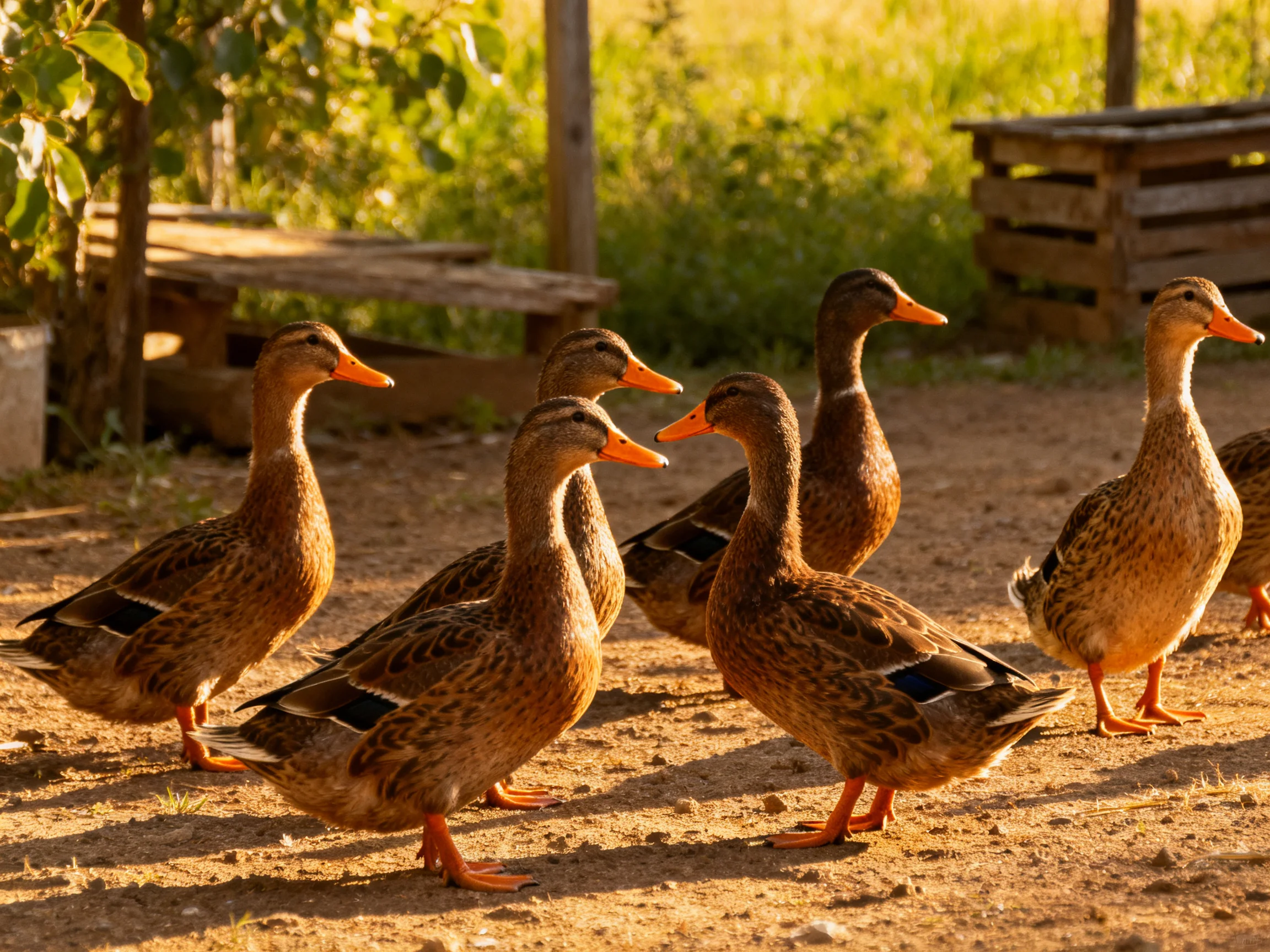 Six brown ducks with orange beaks on a sunlit dirt path