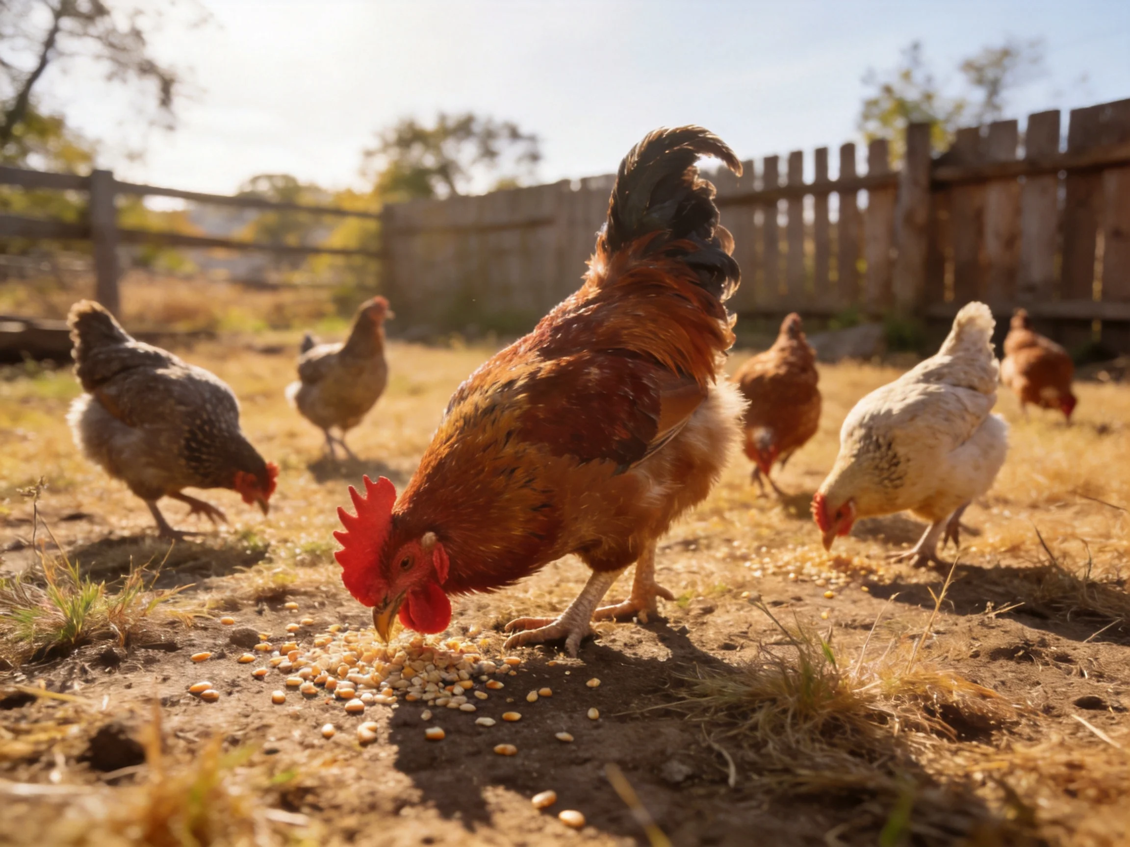 Six chickens foraging among golden grass near wooden fence
