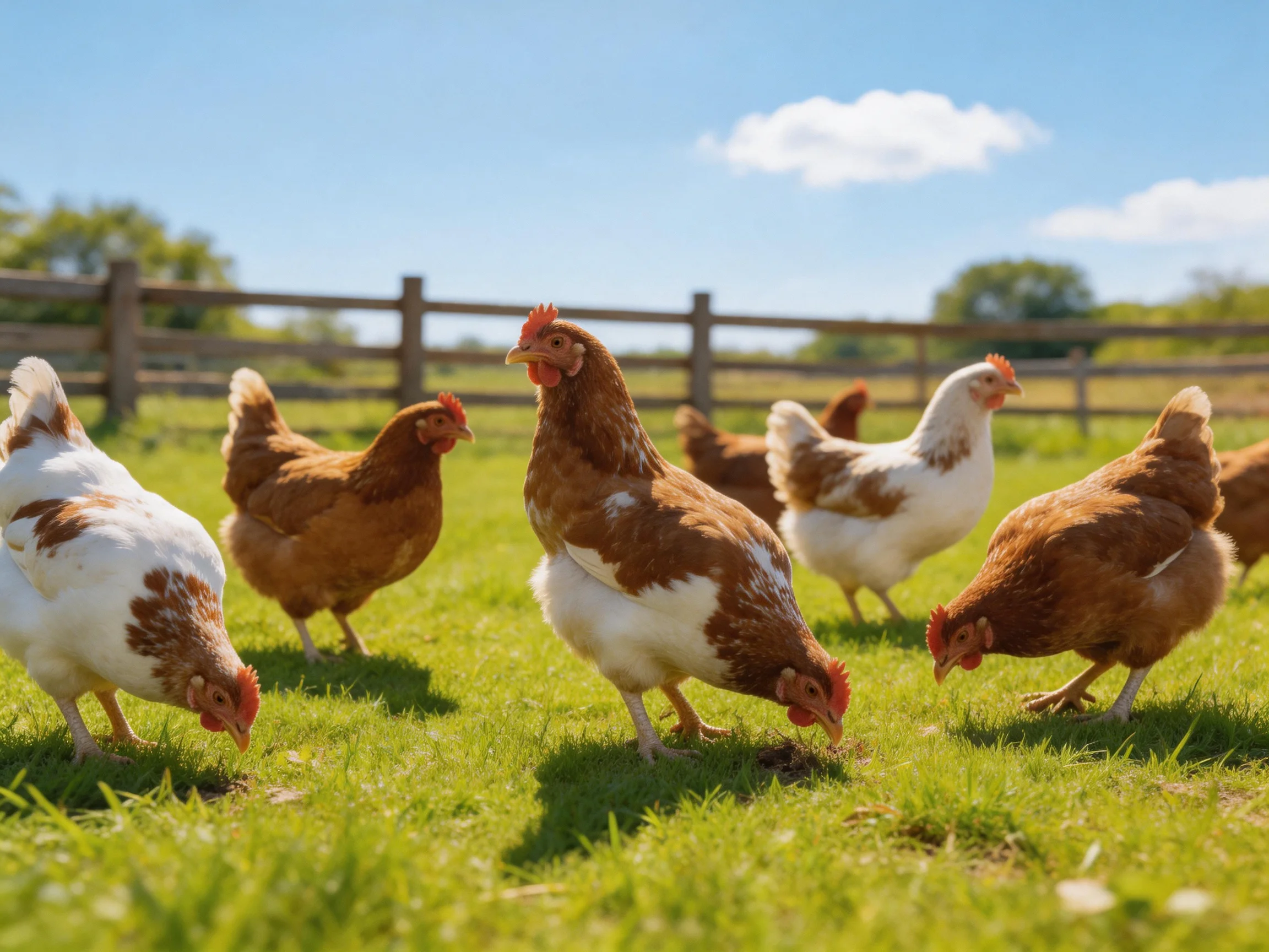 Six chickens foraging in a lush green pasture under bright blue sky