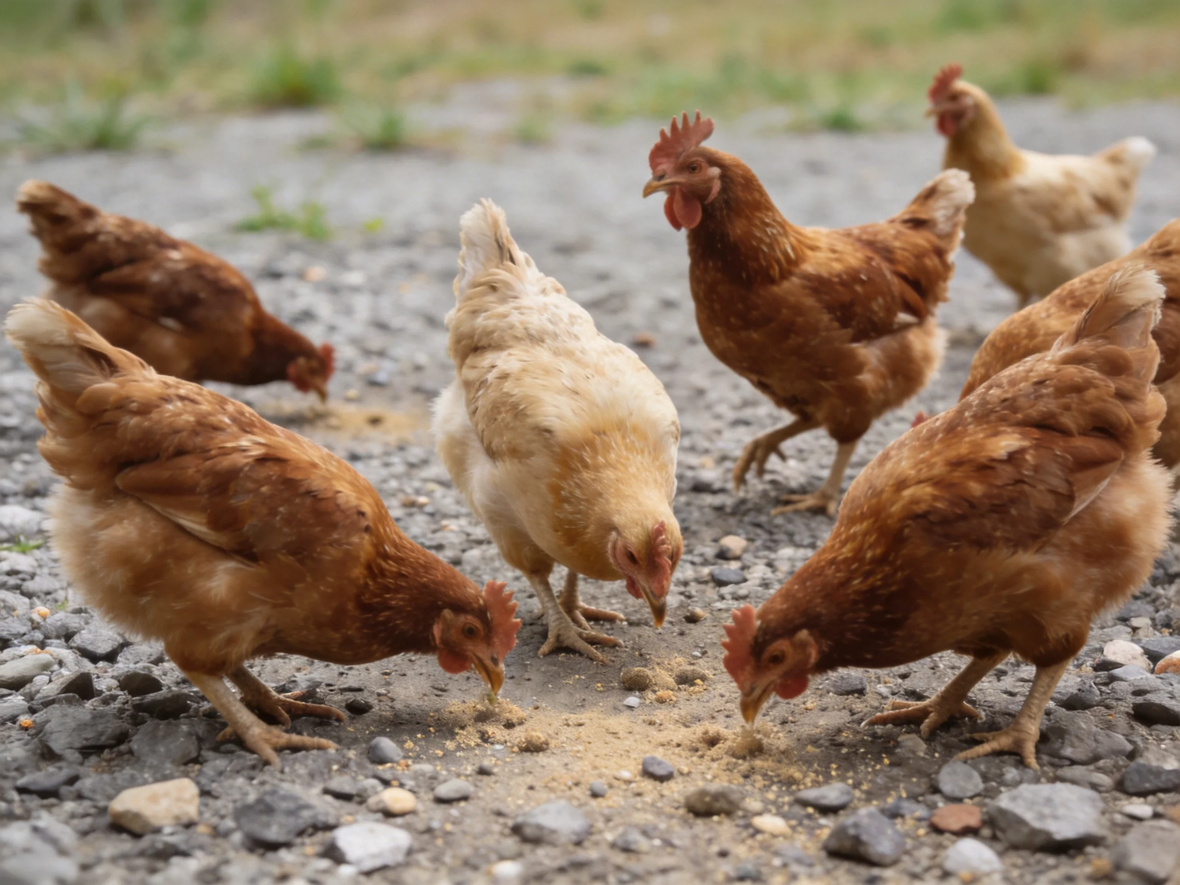 Six chickens foraging on a gravel path with mixed brown and white feathers