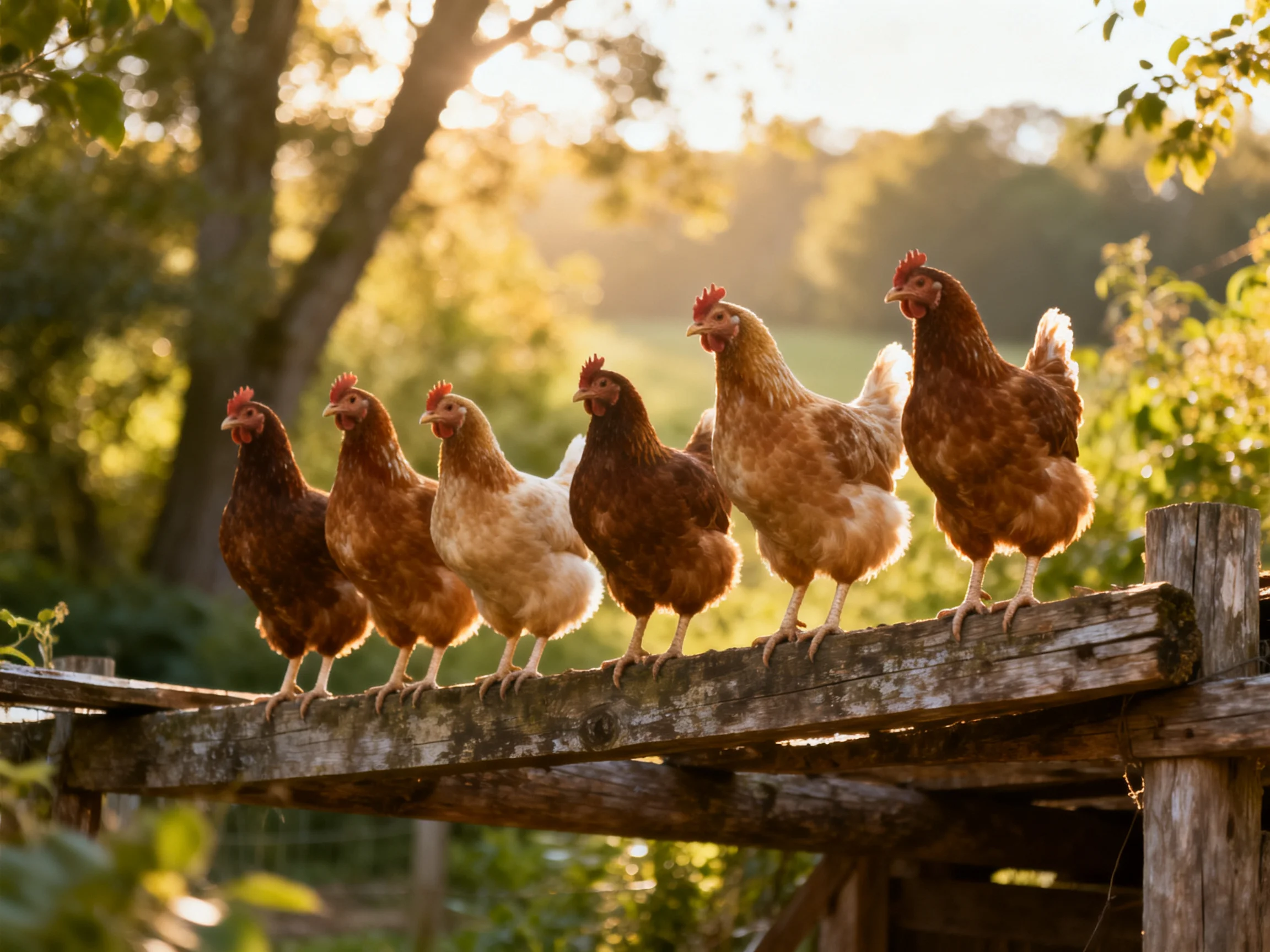 Six chickens in varied browns and creams on weathered wooden fence