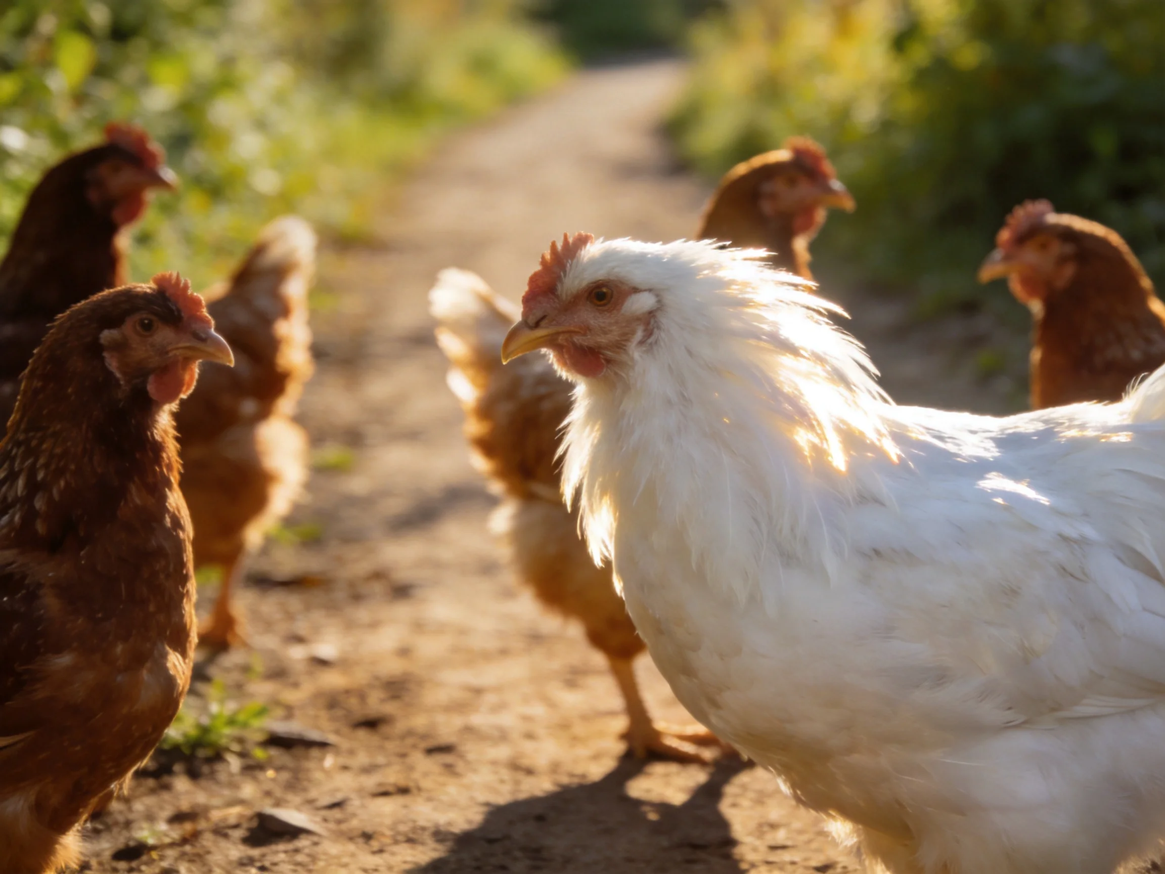 Six chickens, including a large white hen, on a sunlit dirt path