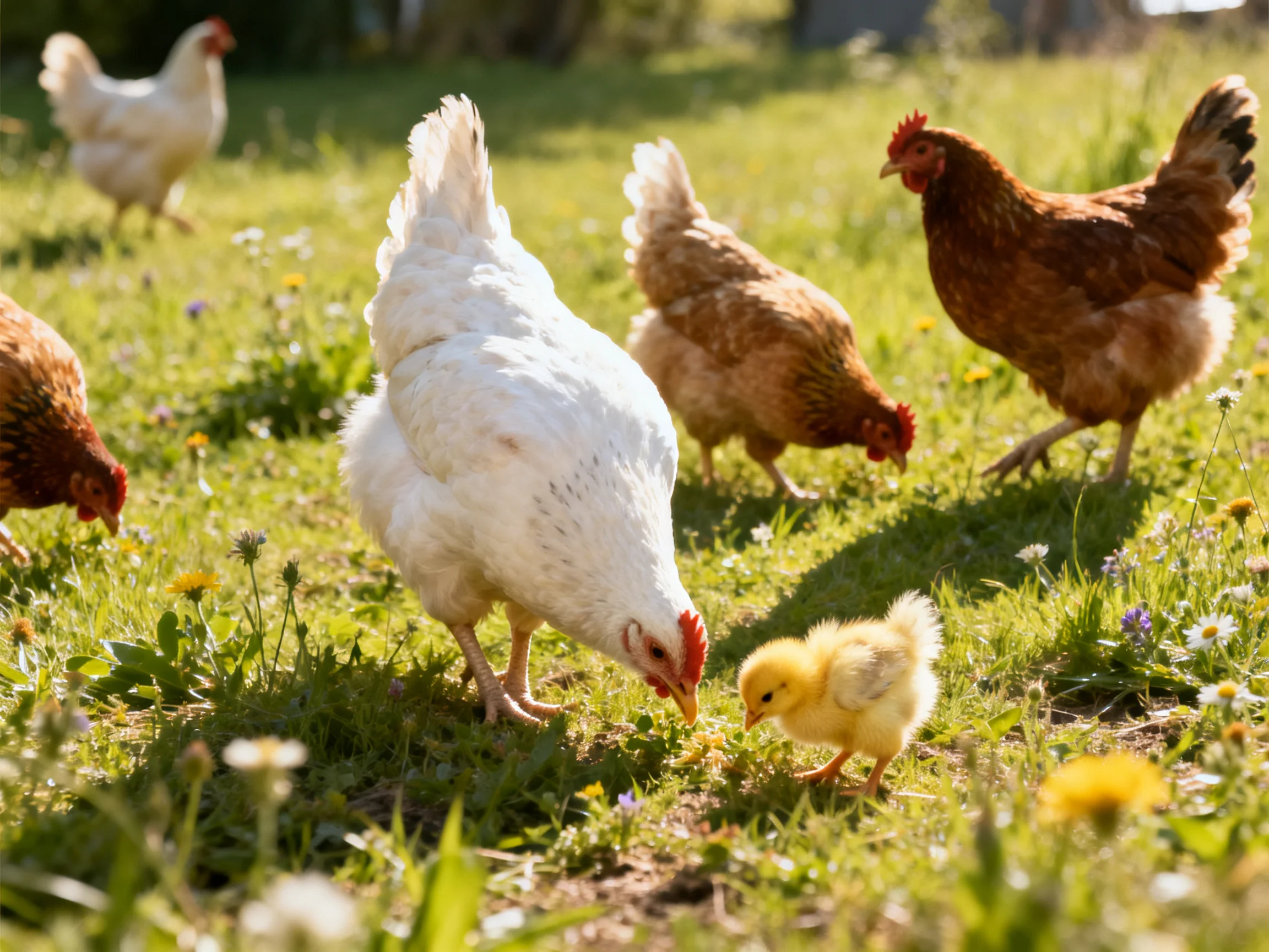 Six chickens, including a yellow chick, forage in a sunlit meadow of green grass and wildflowers