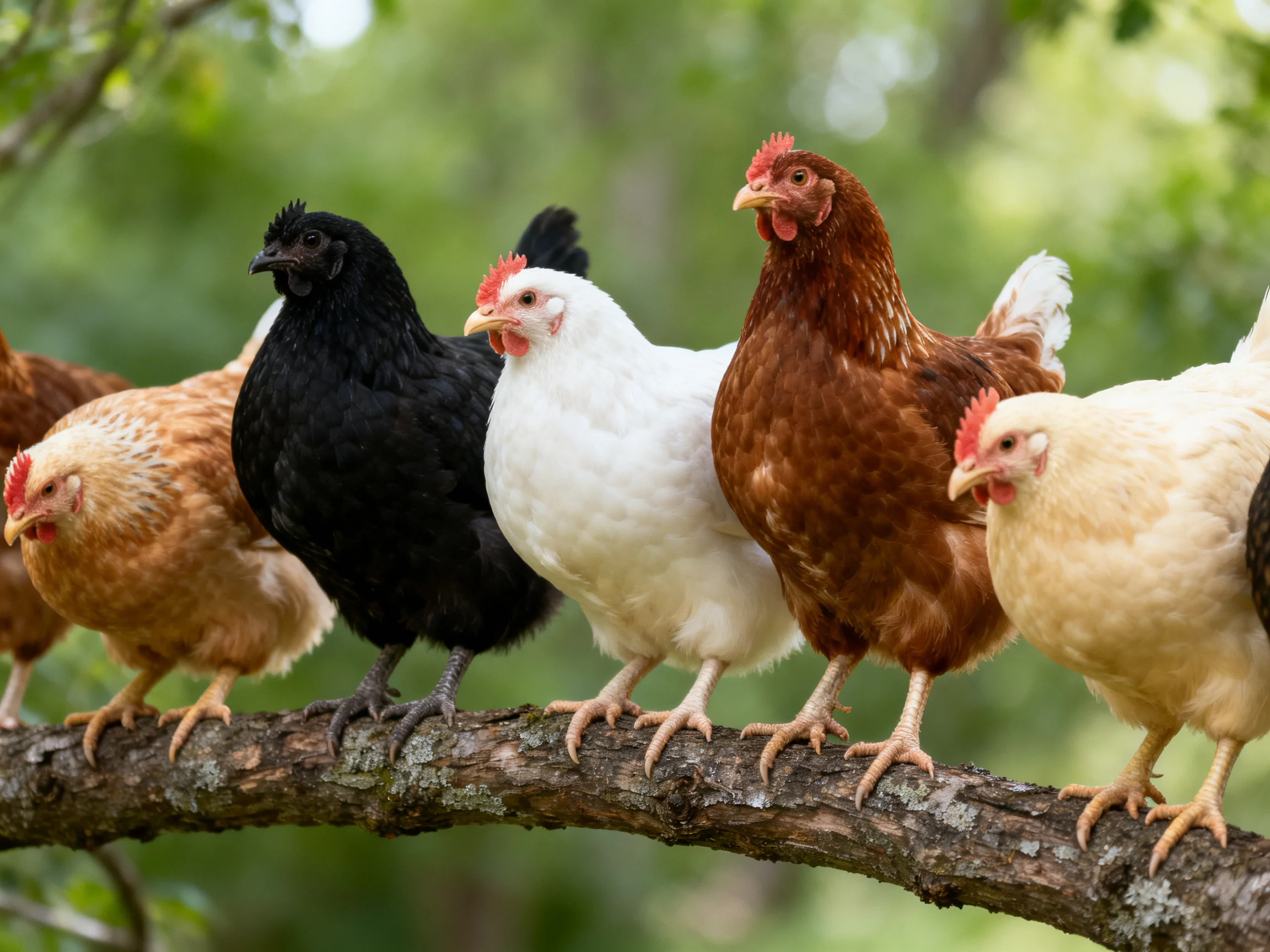 Six chickens of assorted colors standing on a tree branch