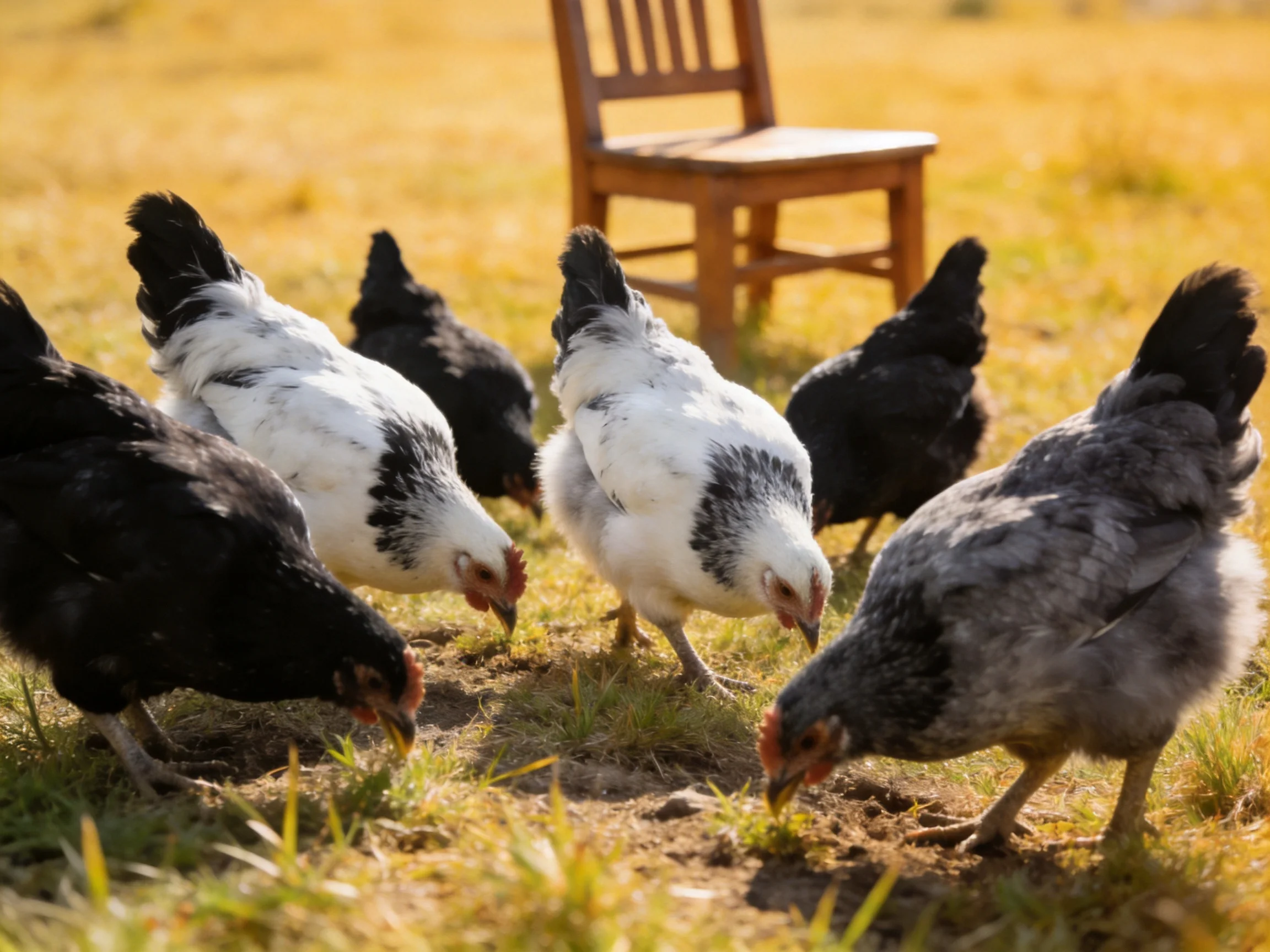 Six chickens of black, white, and gray pecking near a wooden chair