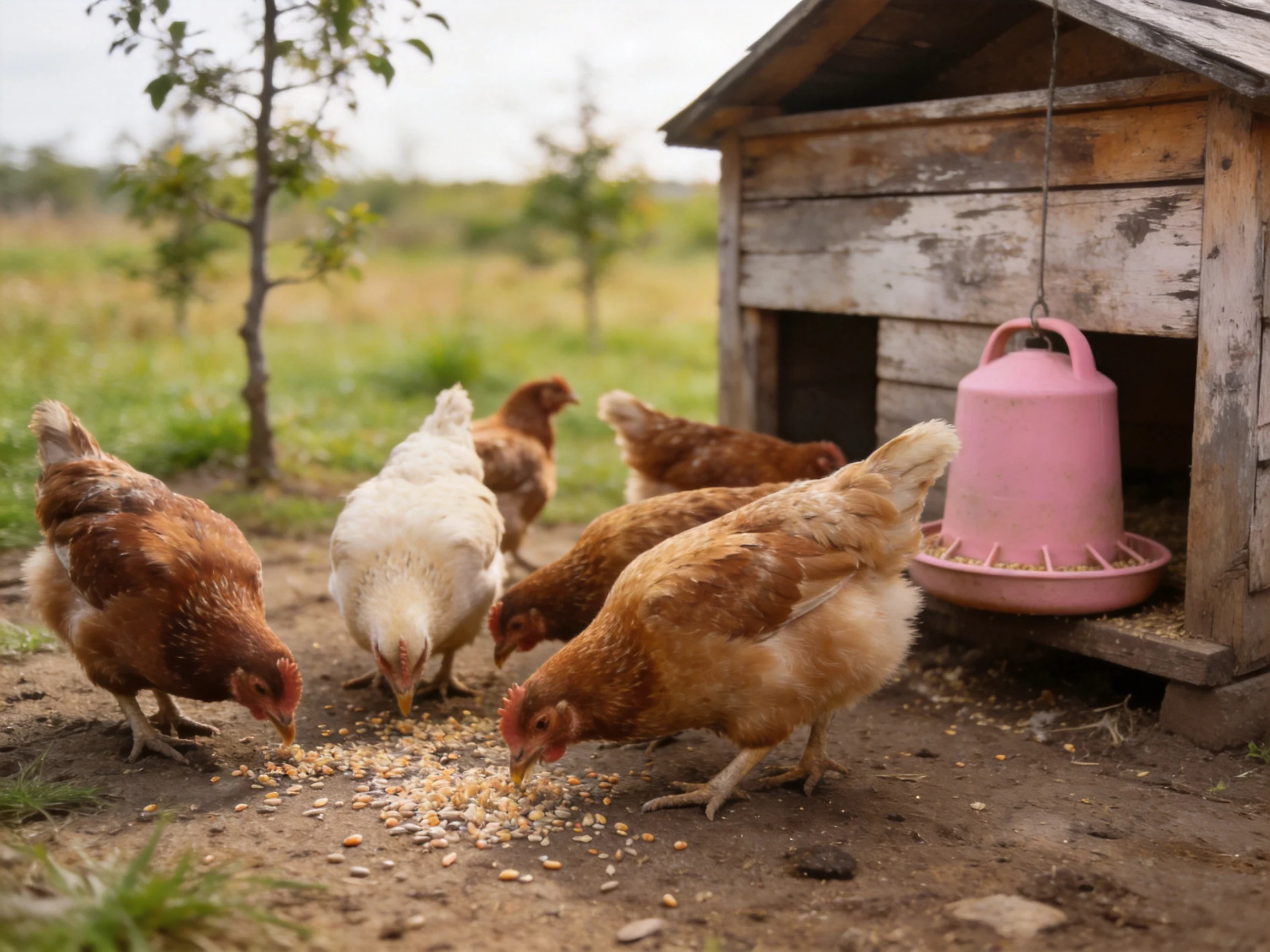 Six chickens of brown and white hues feed by a weathered wooden coop with a pink feeder
