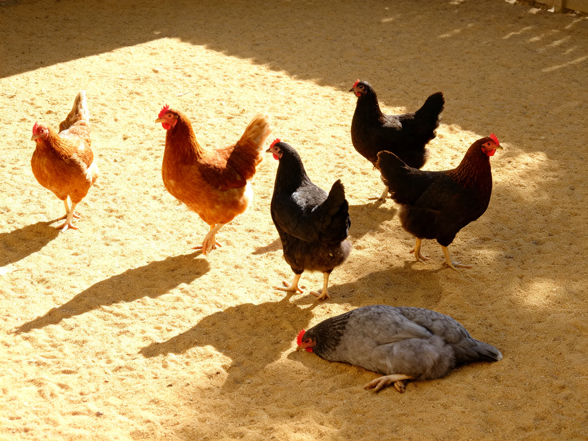 Six chickens of brown, black, gray colors on sandy ground