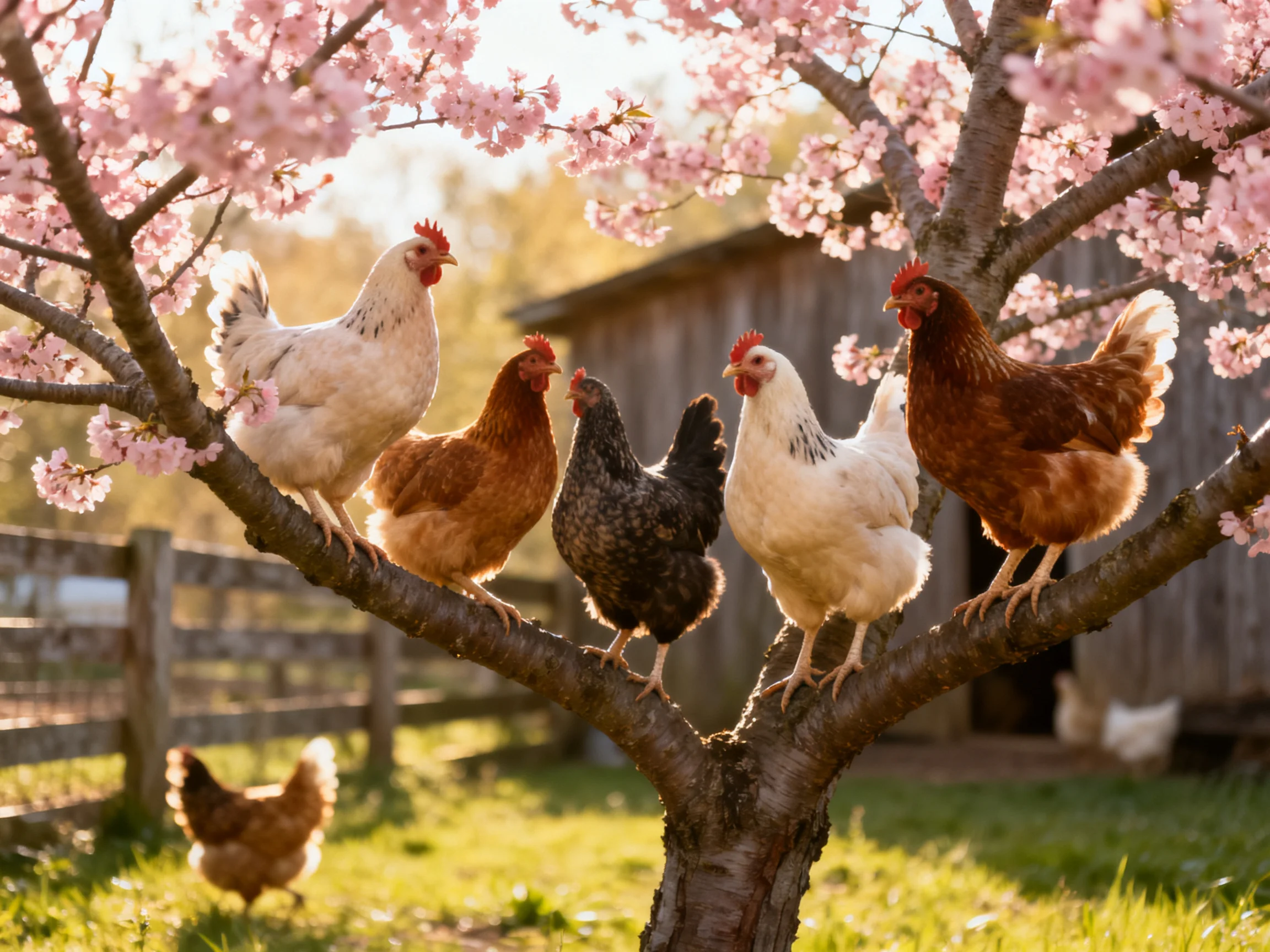 Six chickens of diverse colors perch on a flowering tree near a barn.