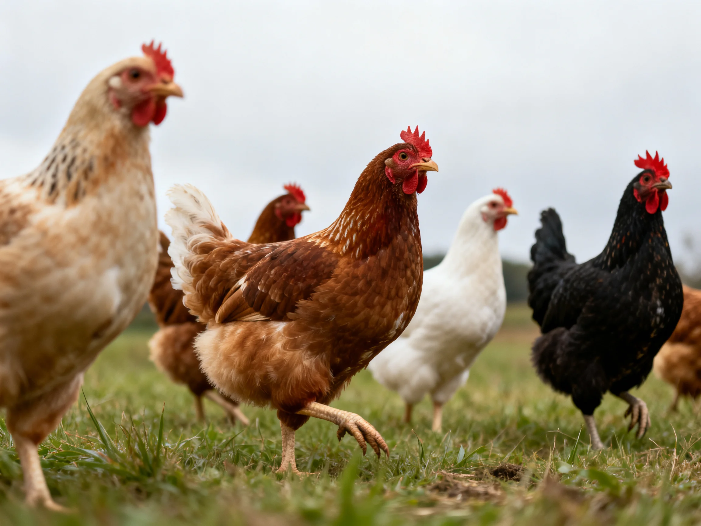 Six chickens of diverse colors walking through a grassy field