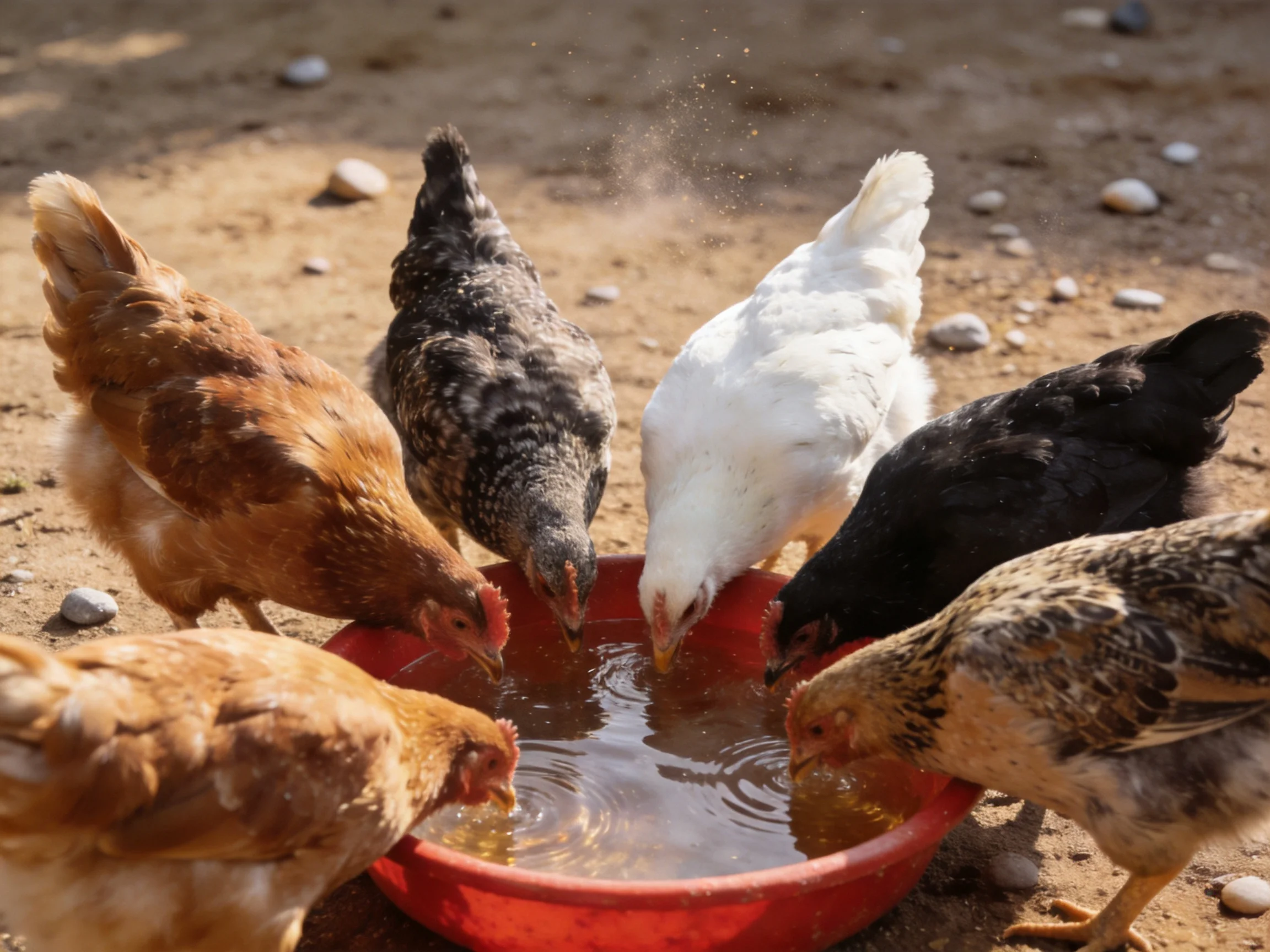 Six chickens of mixed colors drink from a red water dish on dirt ground