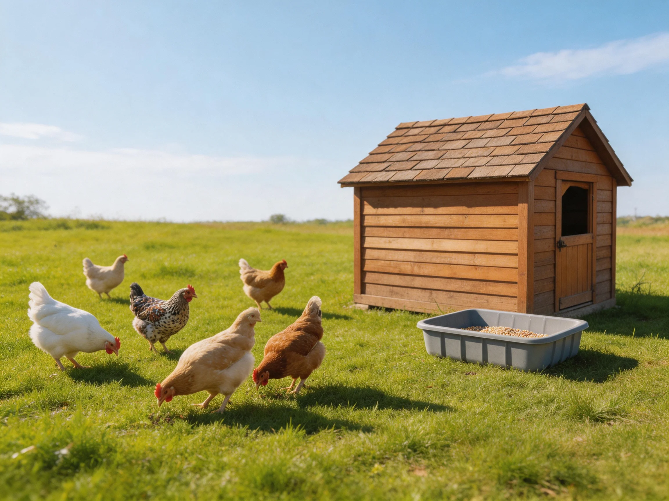 Six chickens of varied colors forage near a wooden coop on green grass
