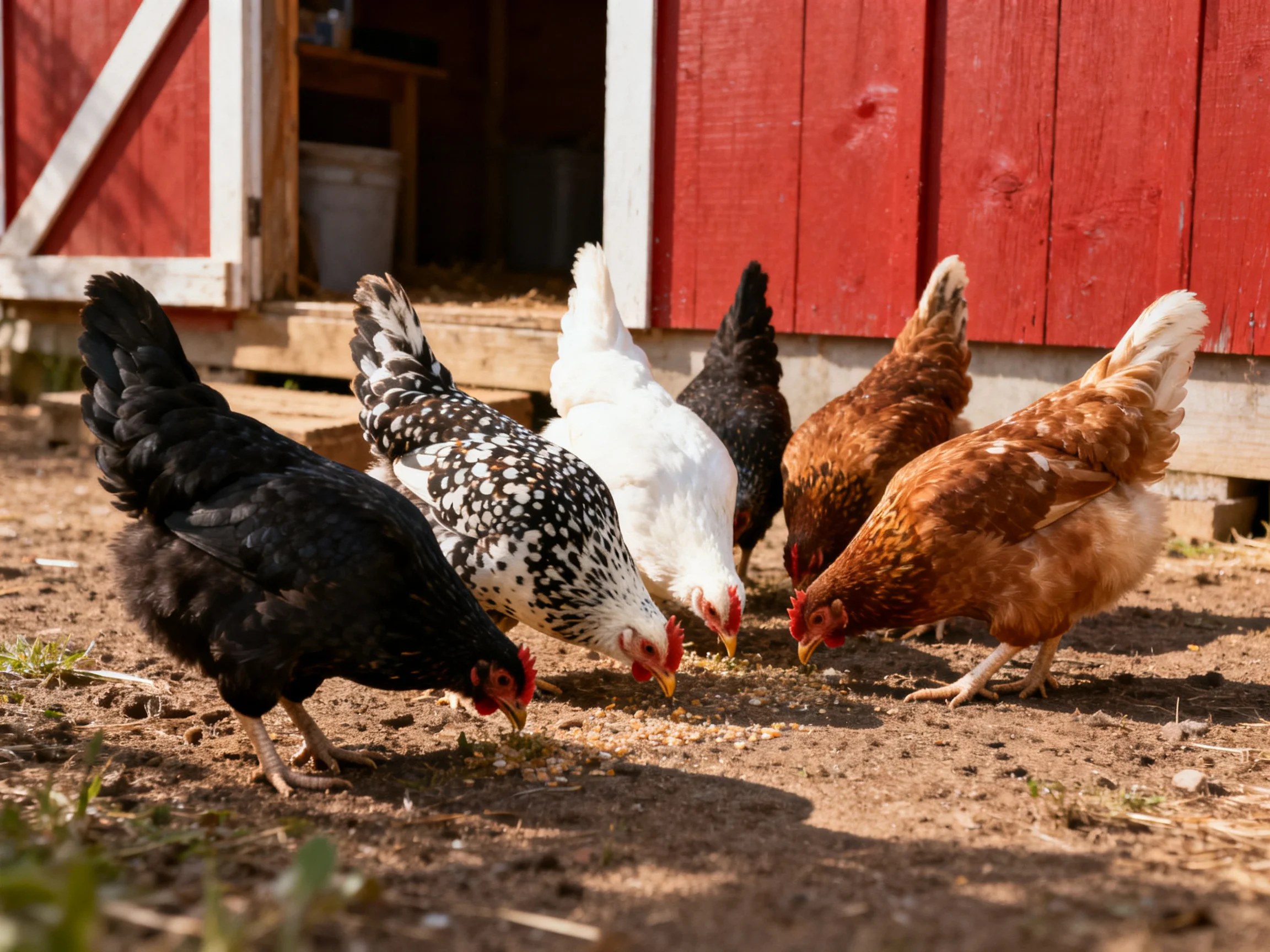 Six chickens of varied colors pecking near a red barn entrance