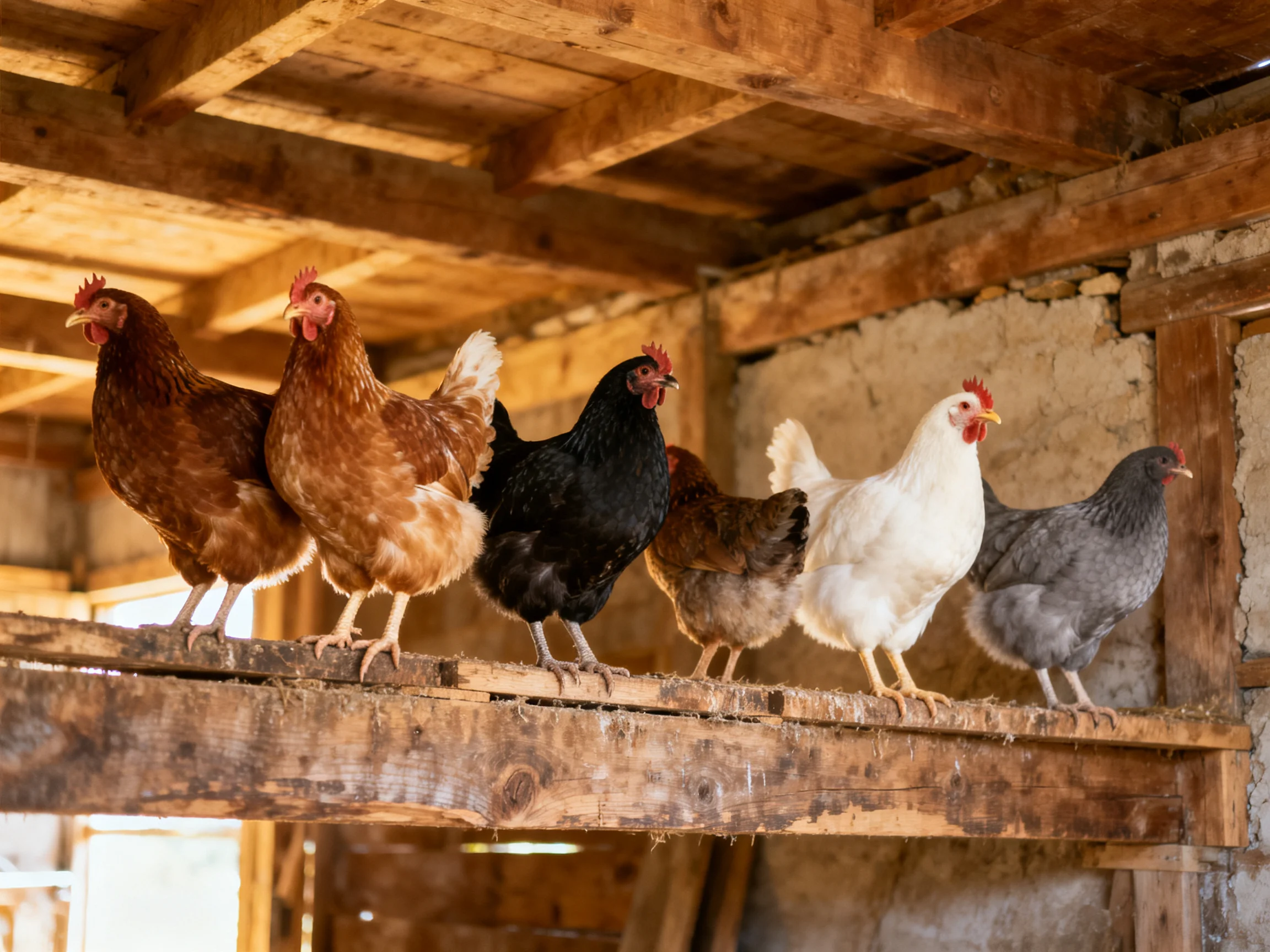 Six chickens of varied colors perched on a wooden beam in arustic barn