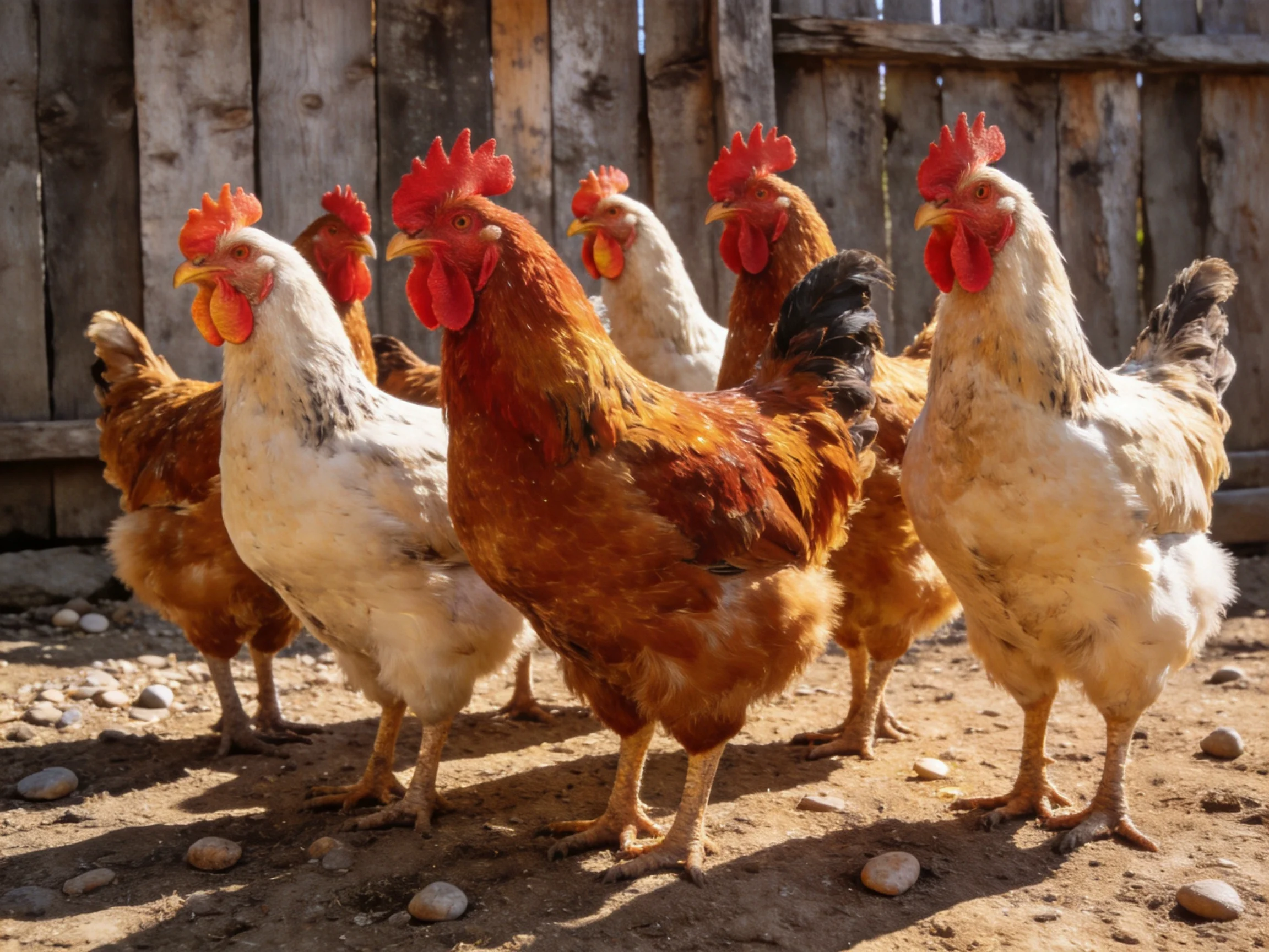 Six chickens with red combs gather near a weathered wooden fence