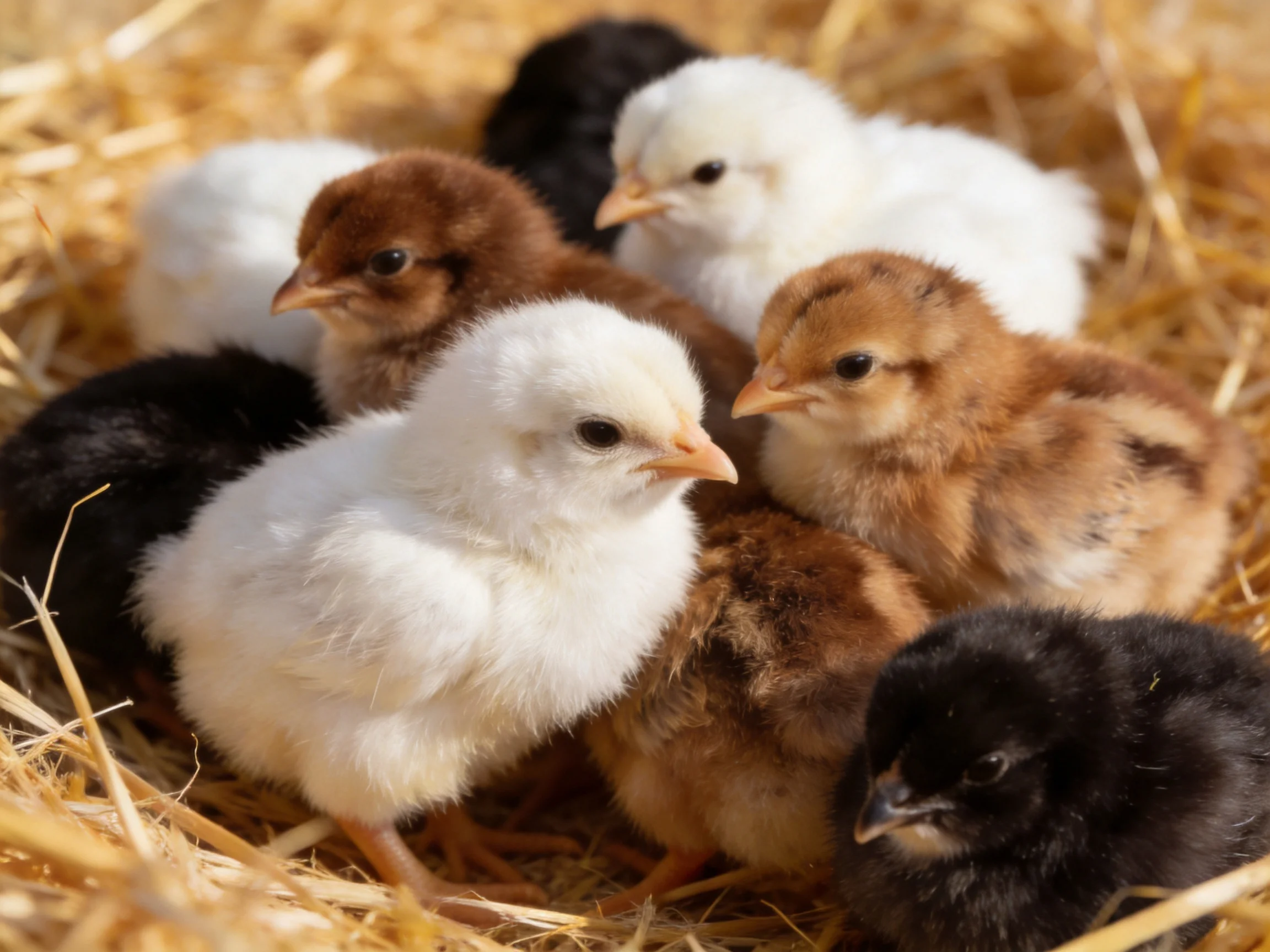 Six colorful baby chicks huddled in golden straw bedding
