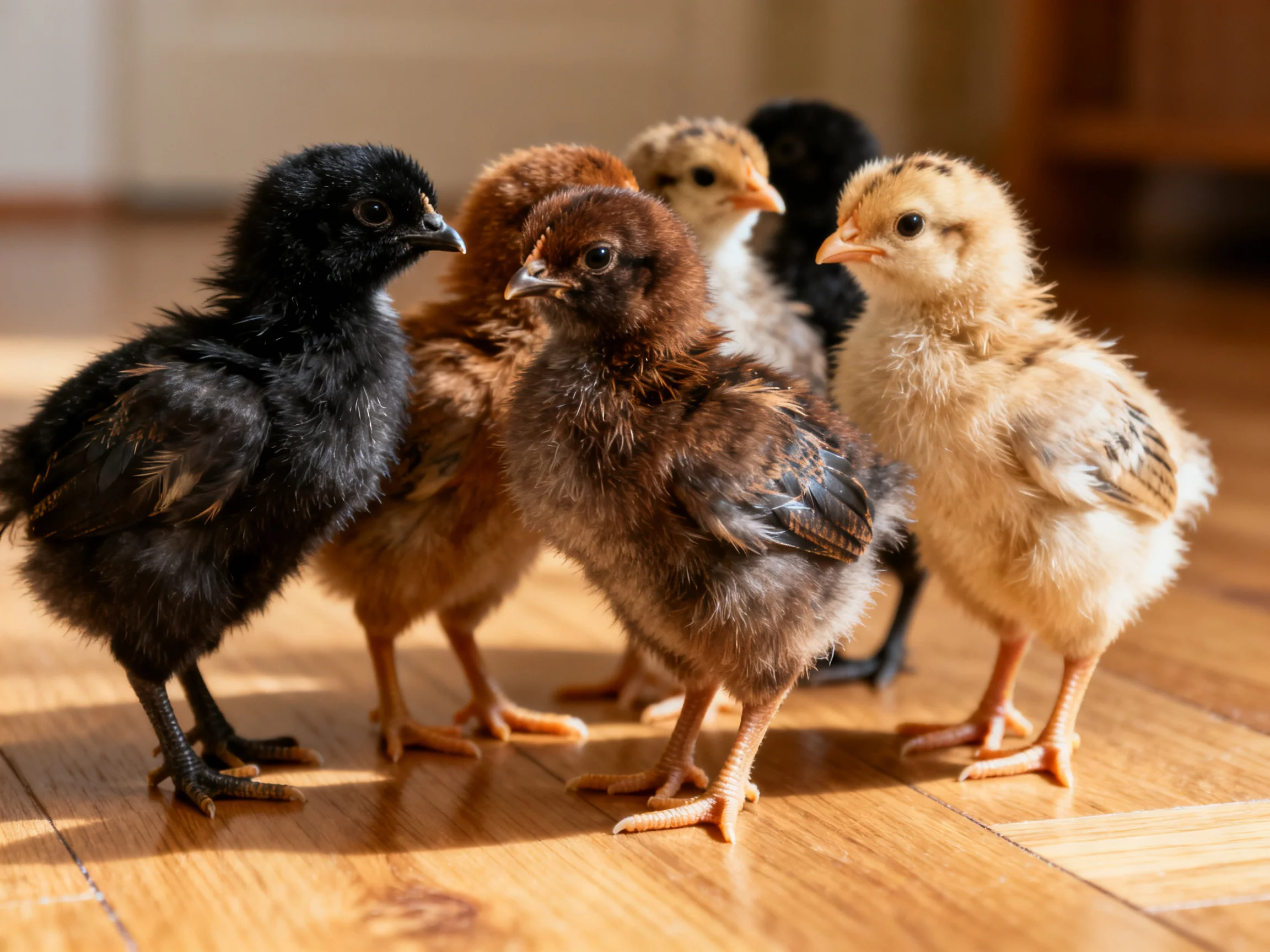 Six colorful baby chicks huddled together on a polished wooden floor