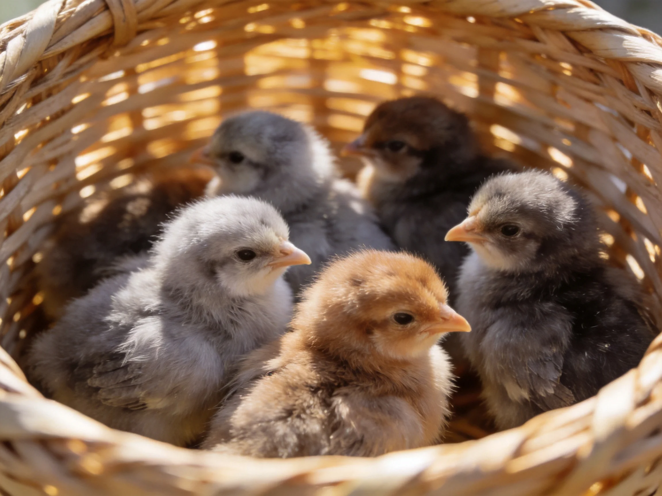Six colorful baby chicks nestled in a woven wicker basket