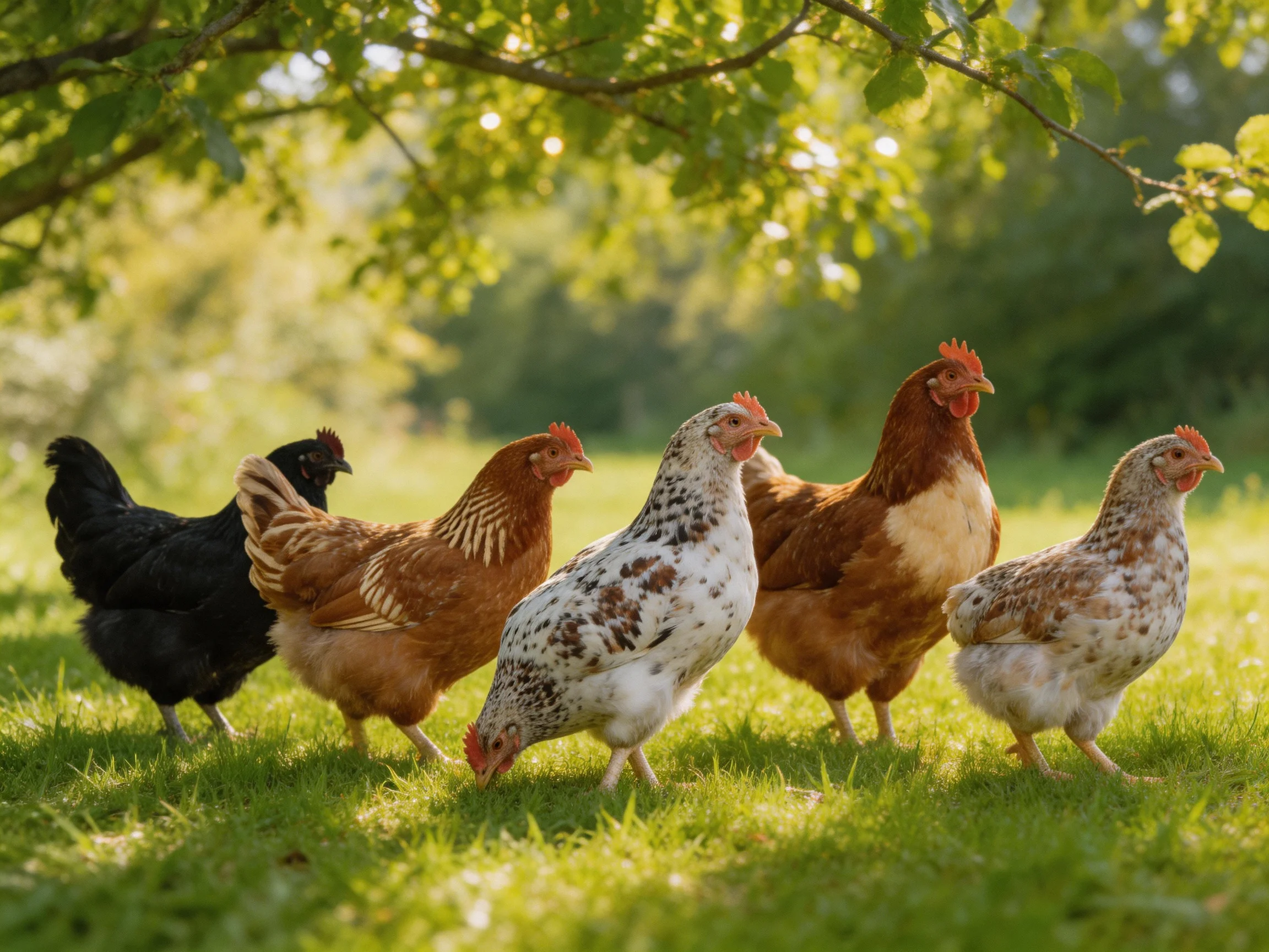 Six colorful chickens foraging in a sun-dappled grassy yard under leafy trees