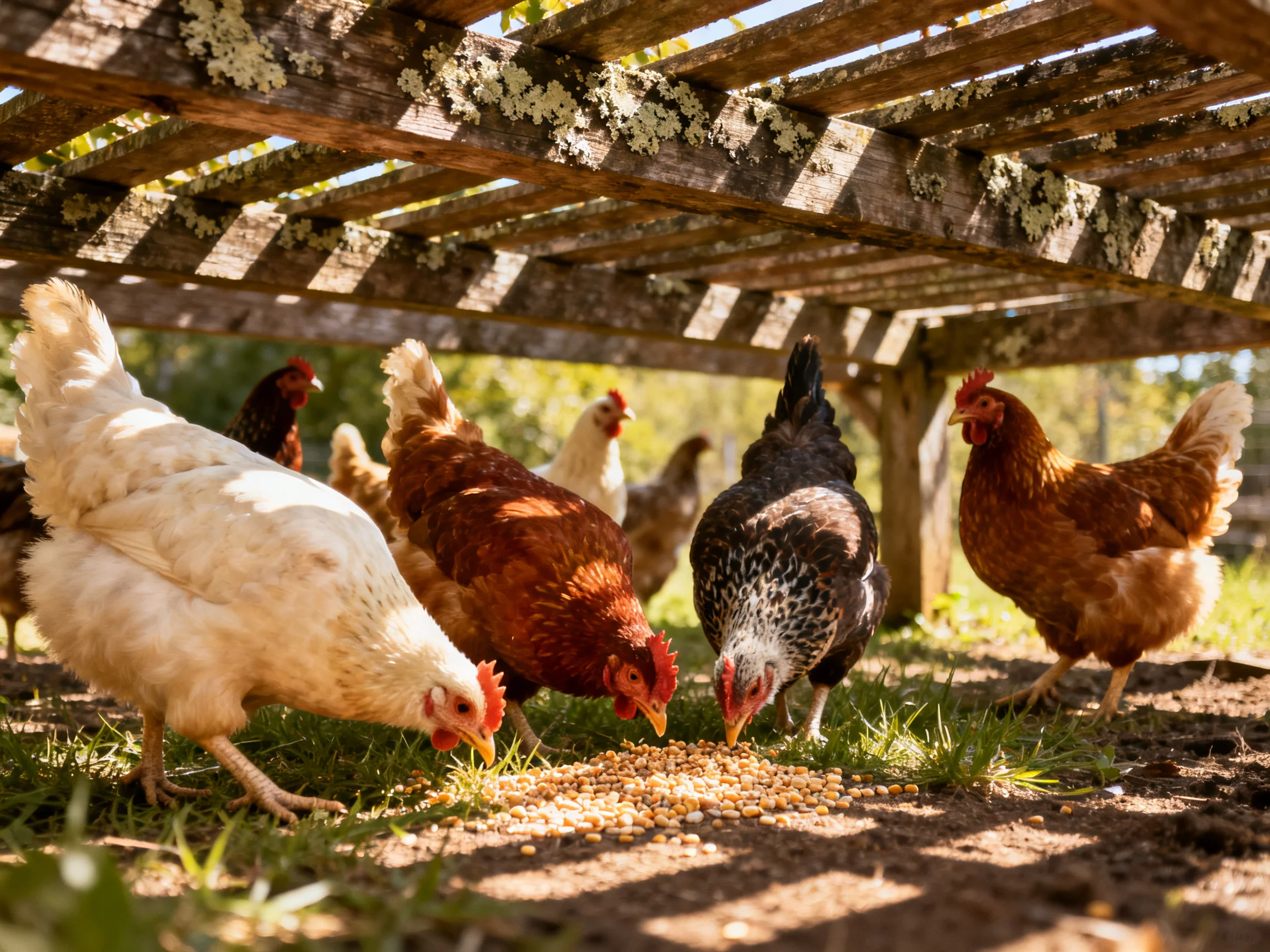 Six colorful chickens gather food beneath weathered wooden shelter