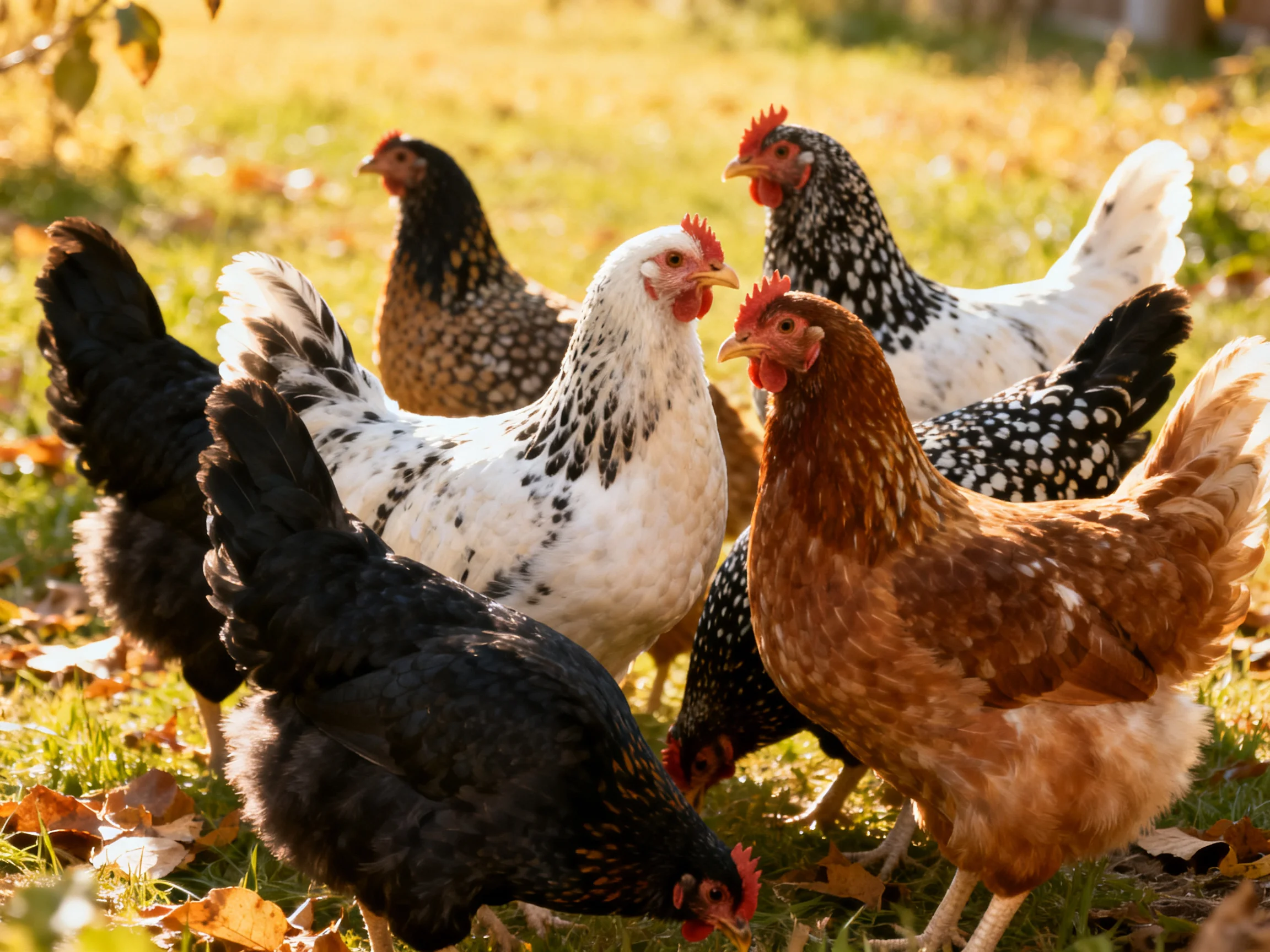 Six colorful chickens gather in a sunlit grassy outdoor setting