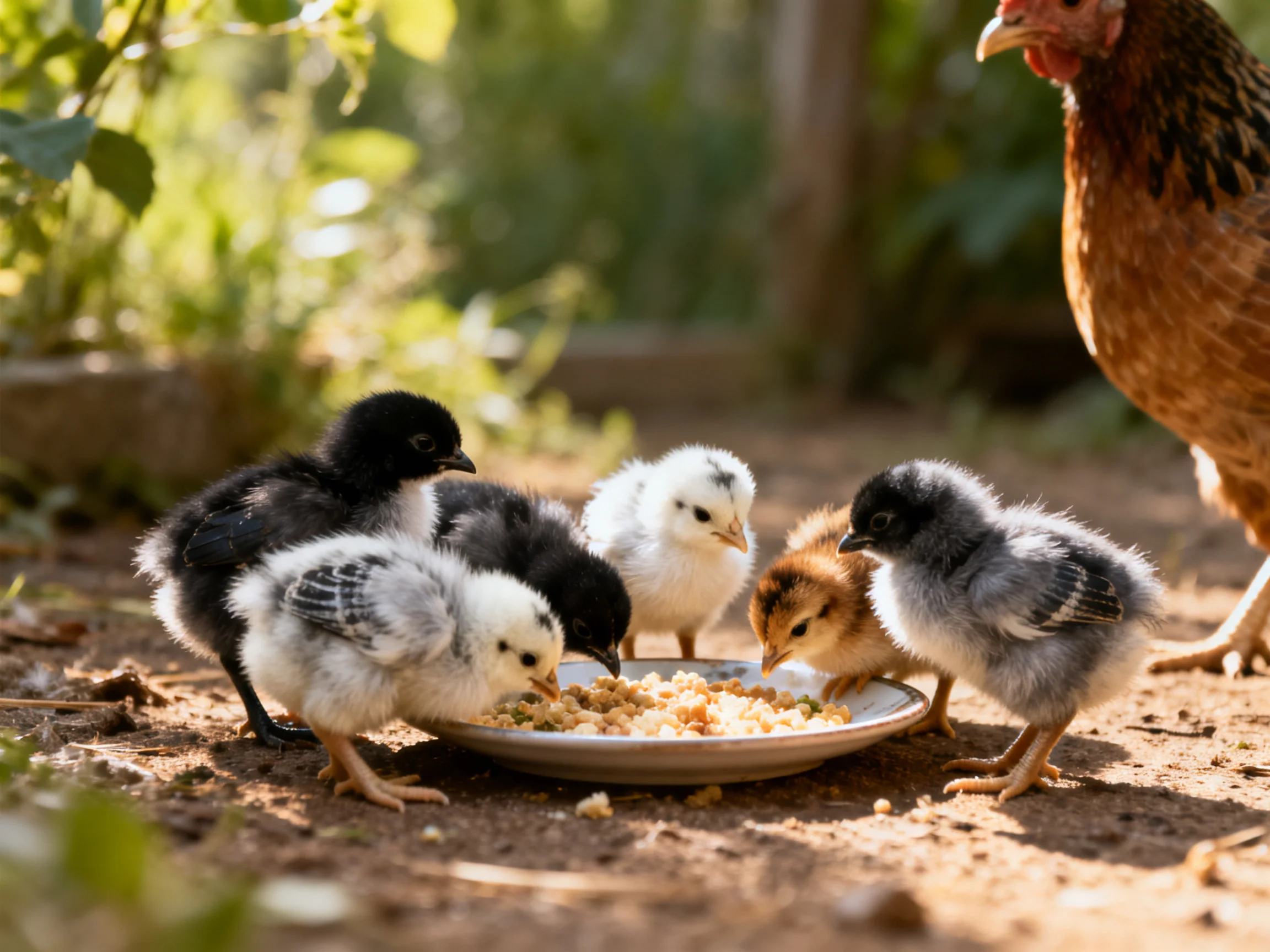 Six colorful chicks gather around a feeding dish with an adult chicken nearby