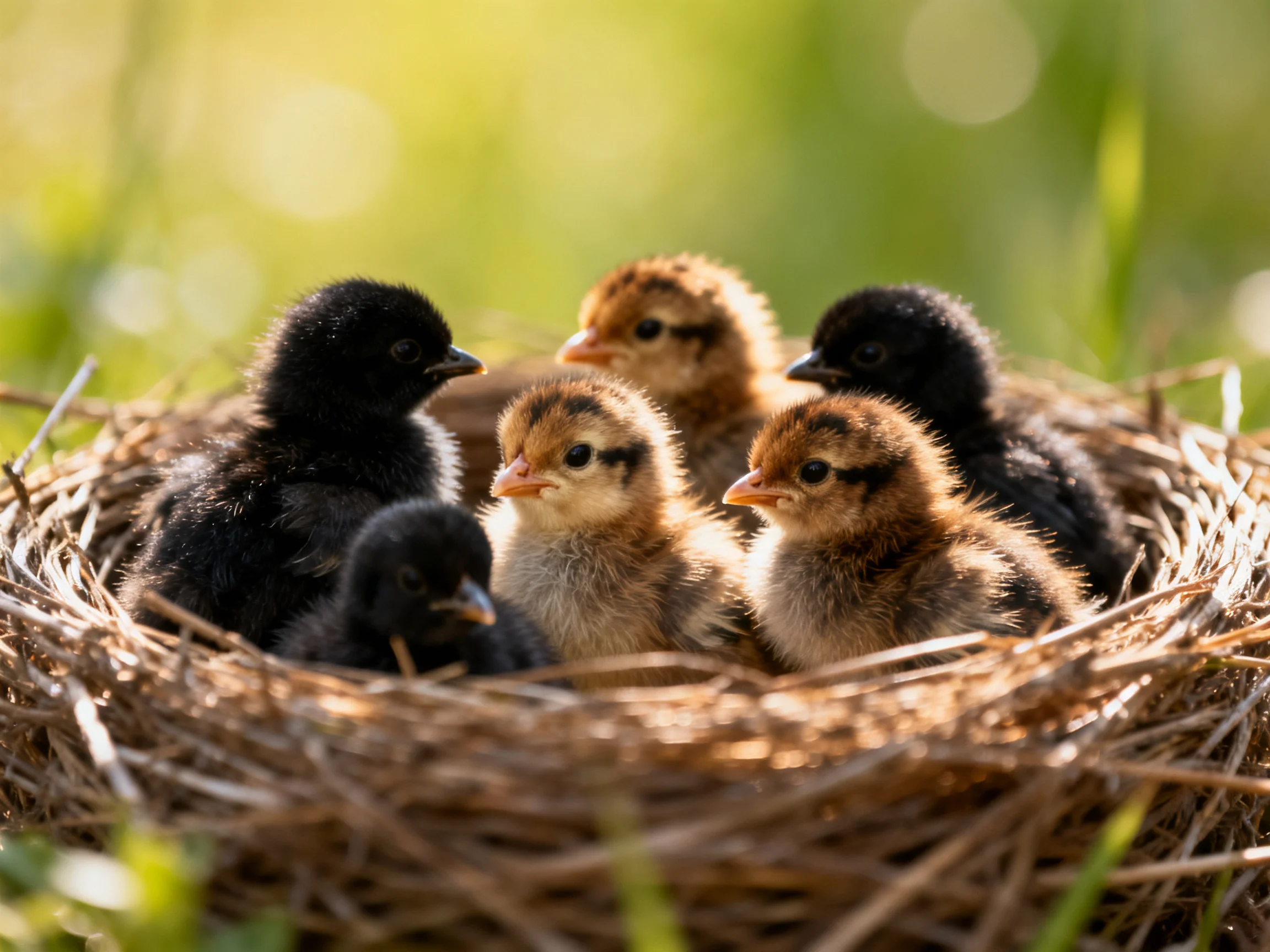 Six colorful chicks nestled together in a straw nest amidst greenery.