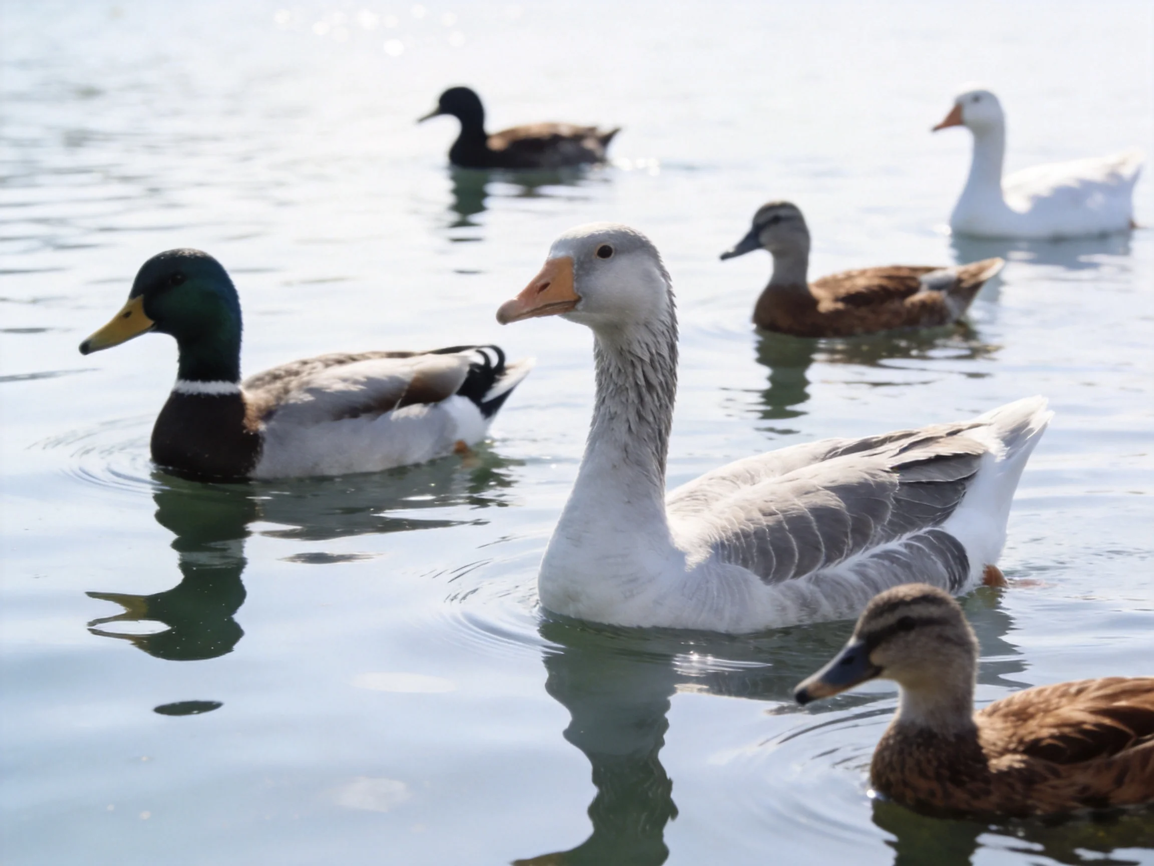 Six diverse waterfowl swimming in calm blue pond