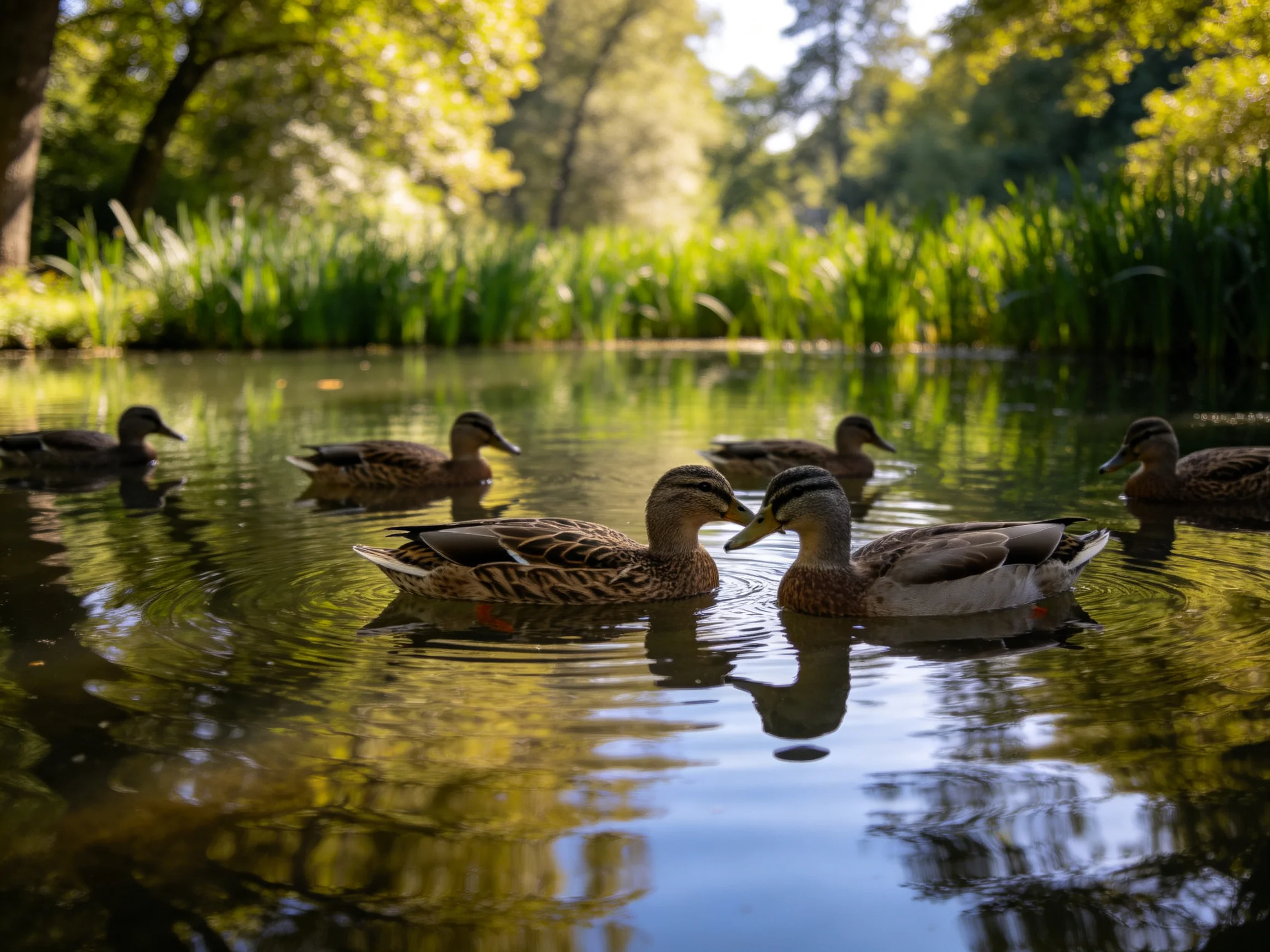 Six ducks swim in a tranquil pond with lush green vegetation