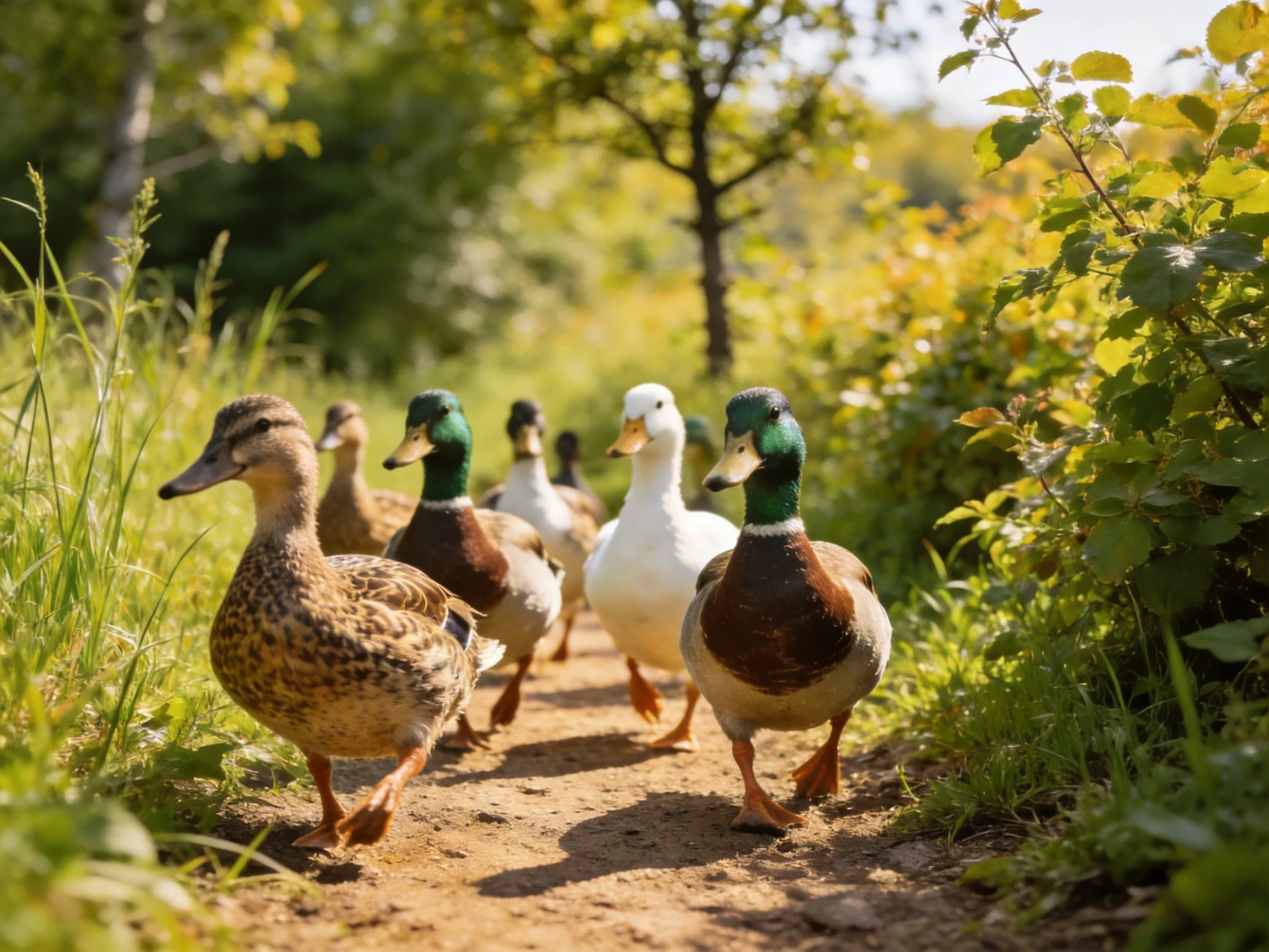Six ducks with varied plumages walk on a sunlit dirt path