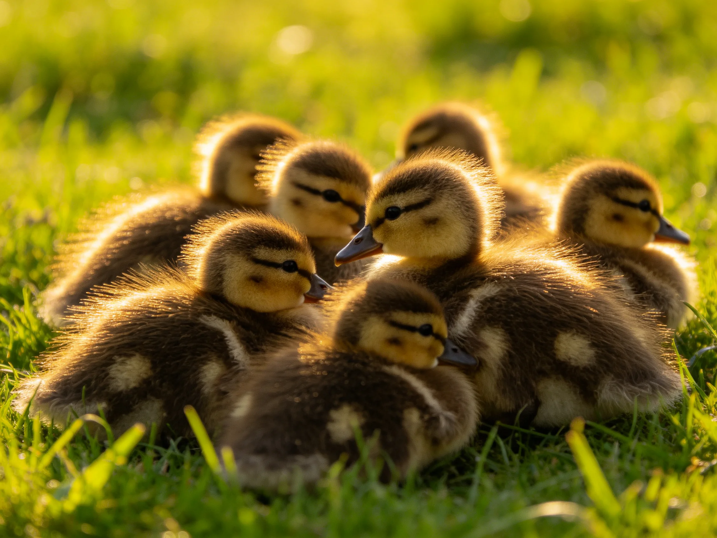 Six fluffy brown and yellow ducklings huddled on green grass in warm sunlight