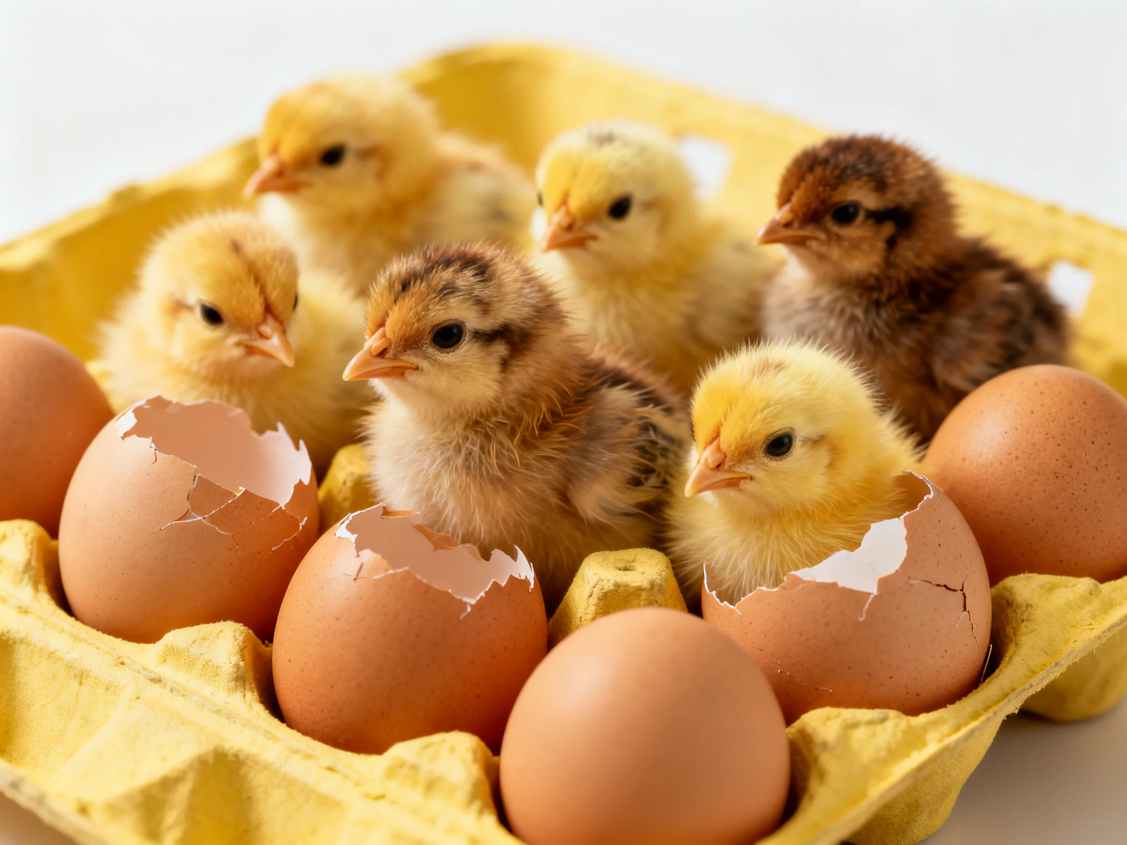 Six fluffy chicks in a yellow egg carton with brown eggs and broken shells