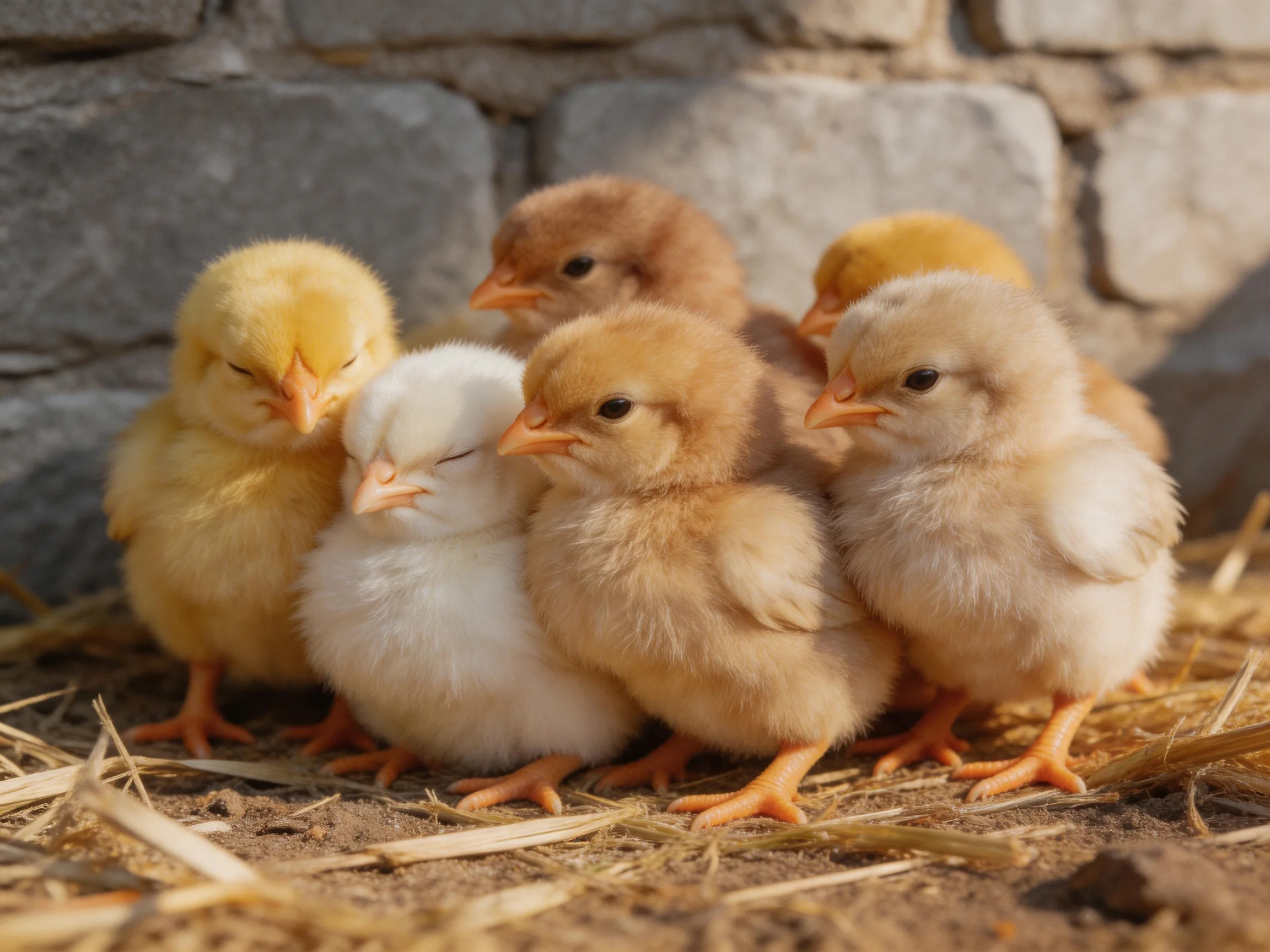 Six fluffy chicks of various colors near a stone wall on straw