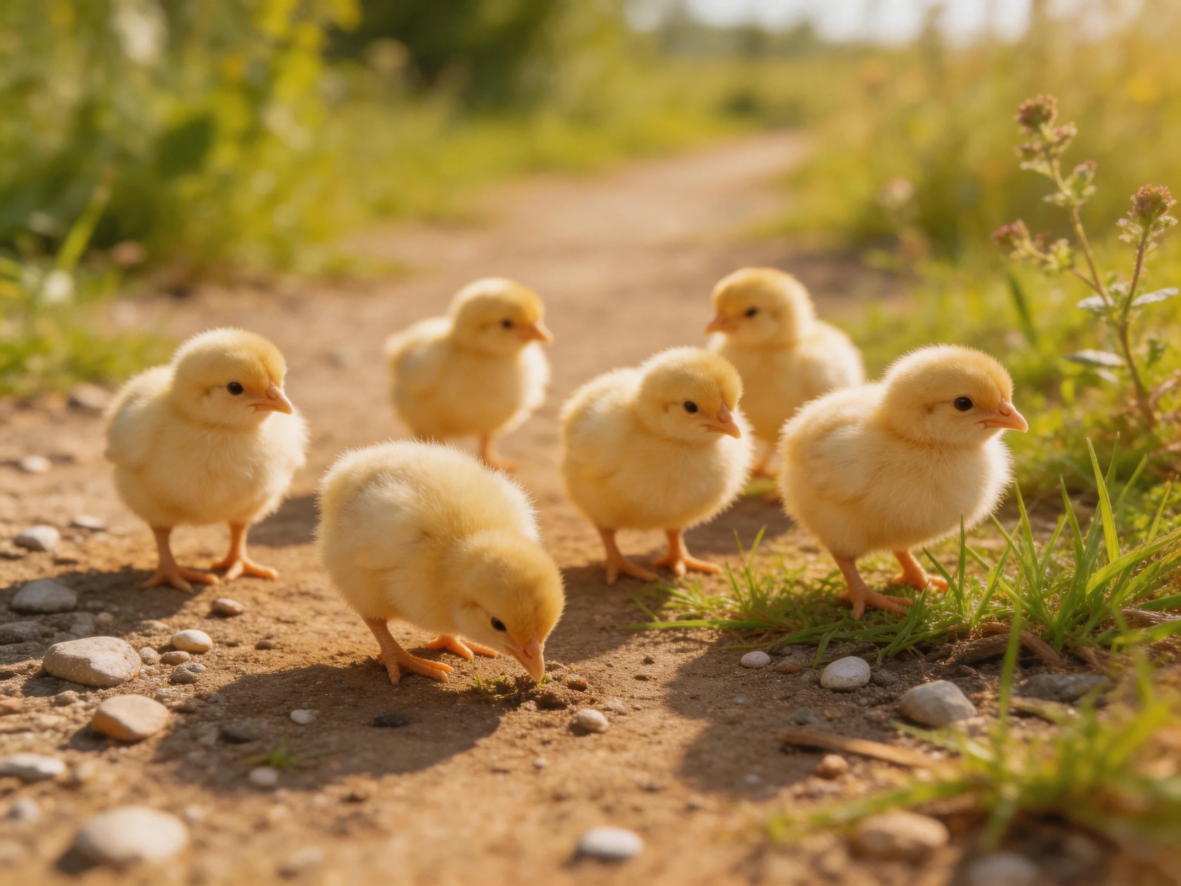Six fluffy yellow chicks exploring a sunlit dirt path with grass and pebbles