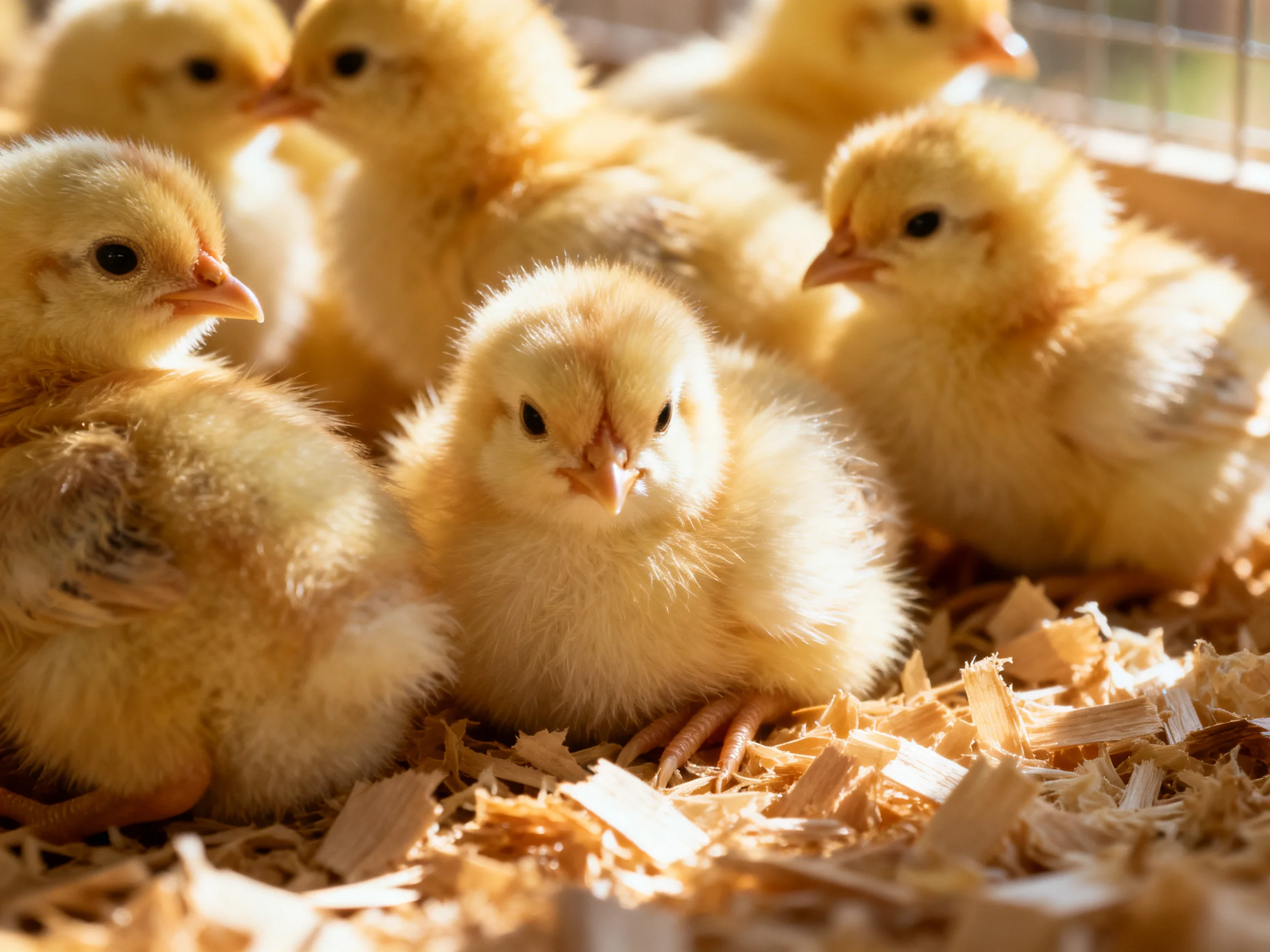 Six fluffy yellow chicks huddled in wood shavings under bright light