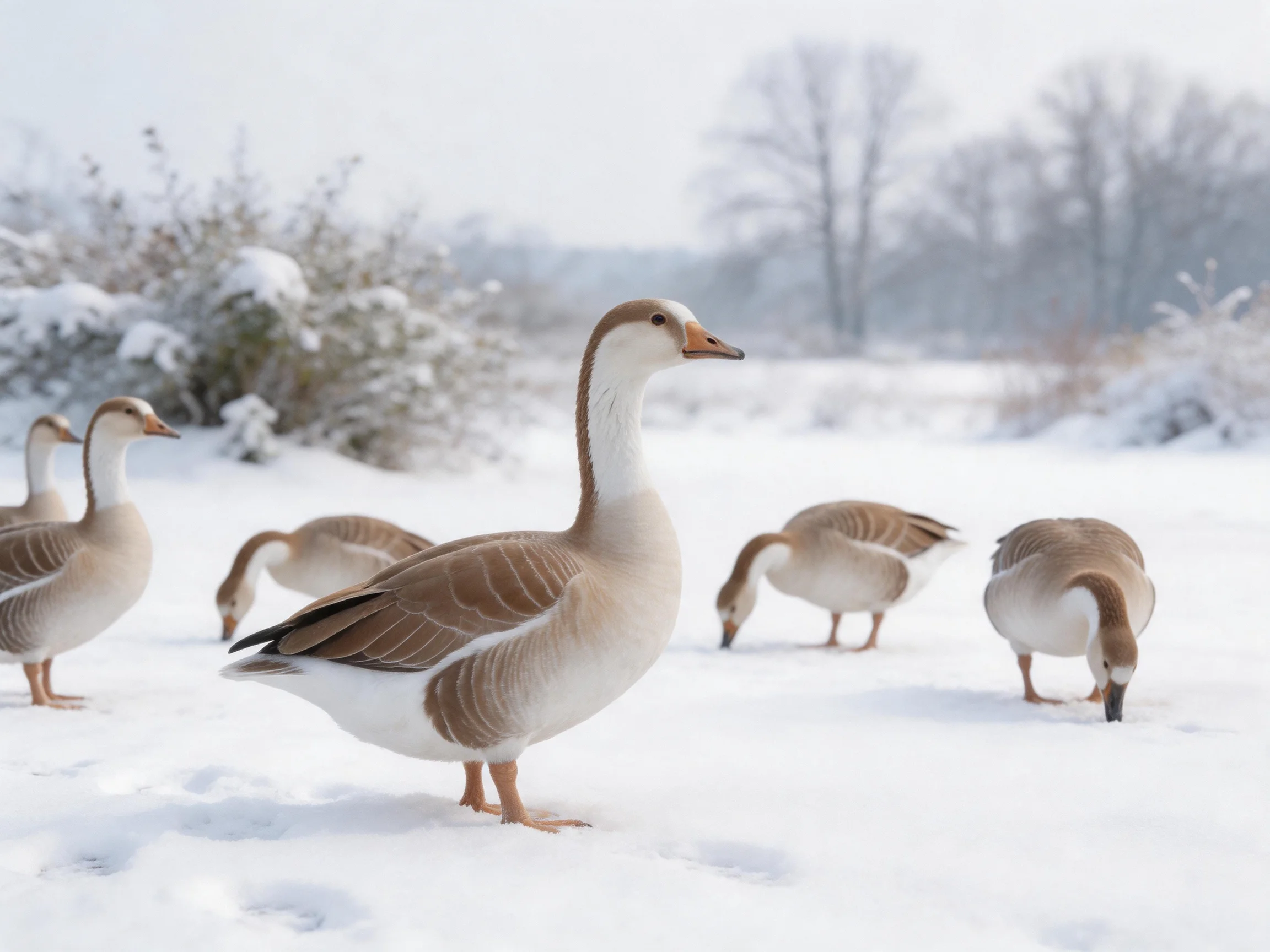 Six geese foraging and standing in a snow-covered winter field