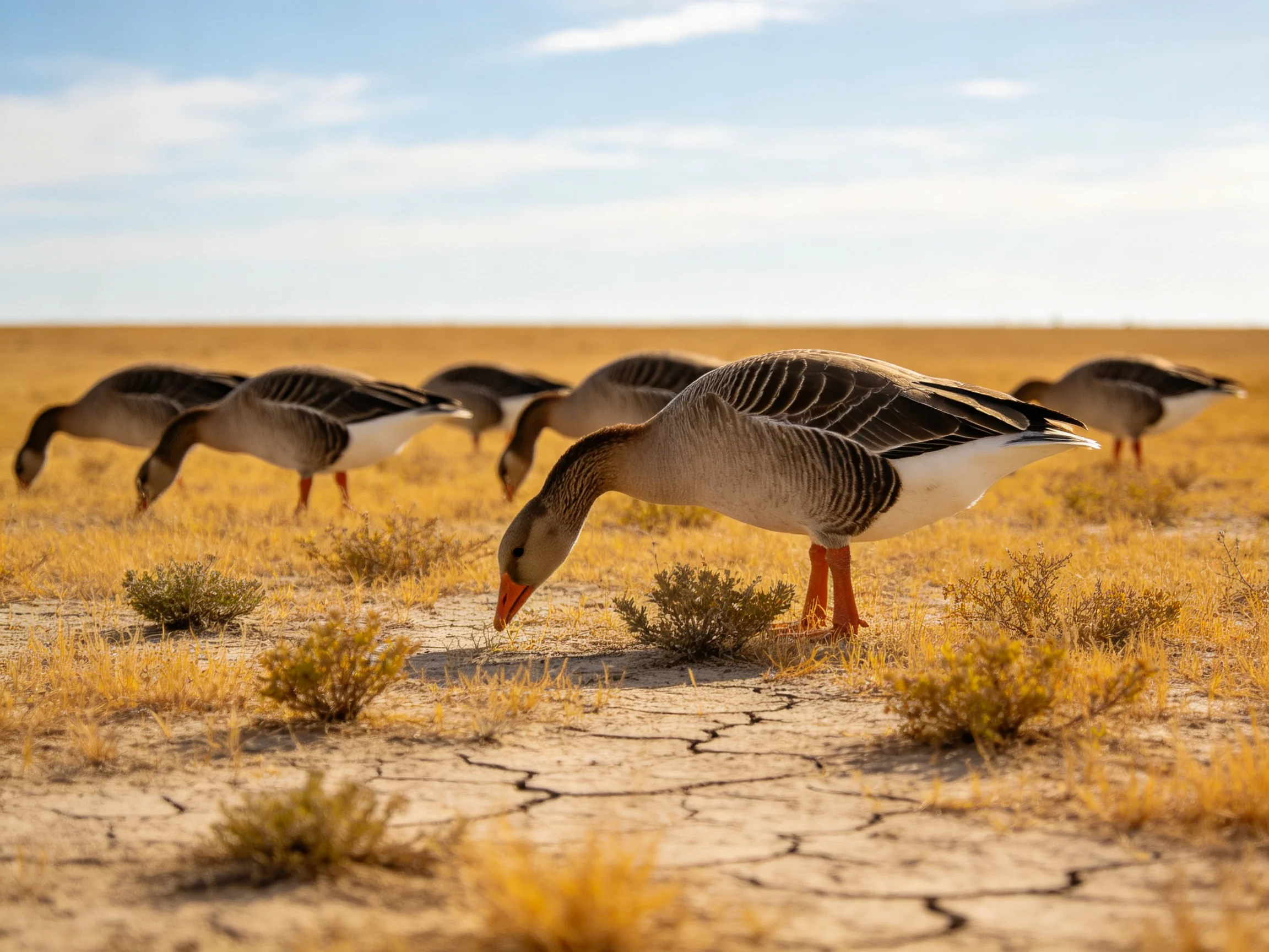 Six geese foraging in a cracked, golden field under bright blue sky