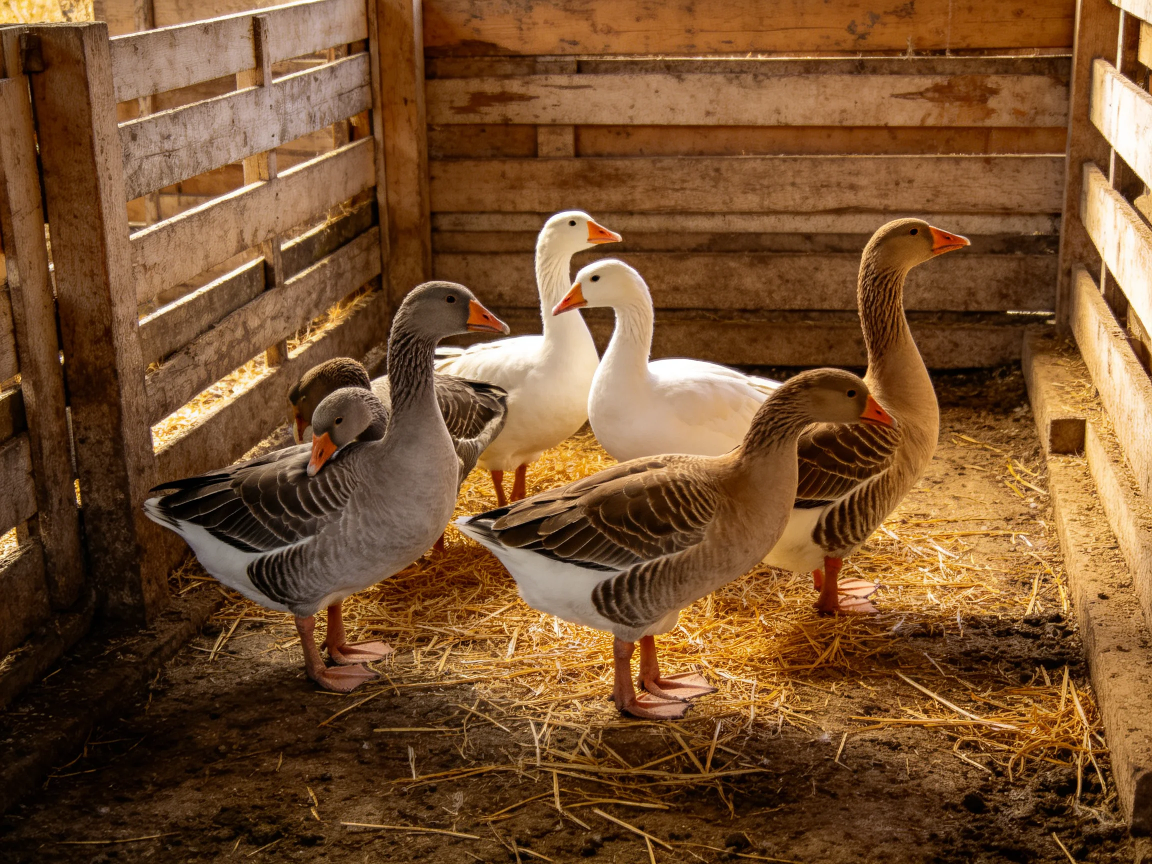 Six geese of various colors in a rustic wooden enclosure with straw bedding
