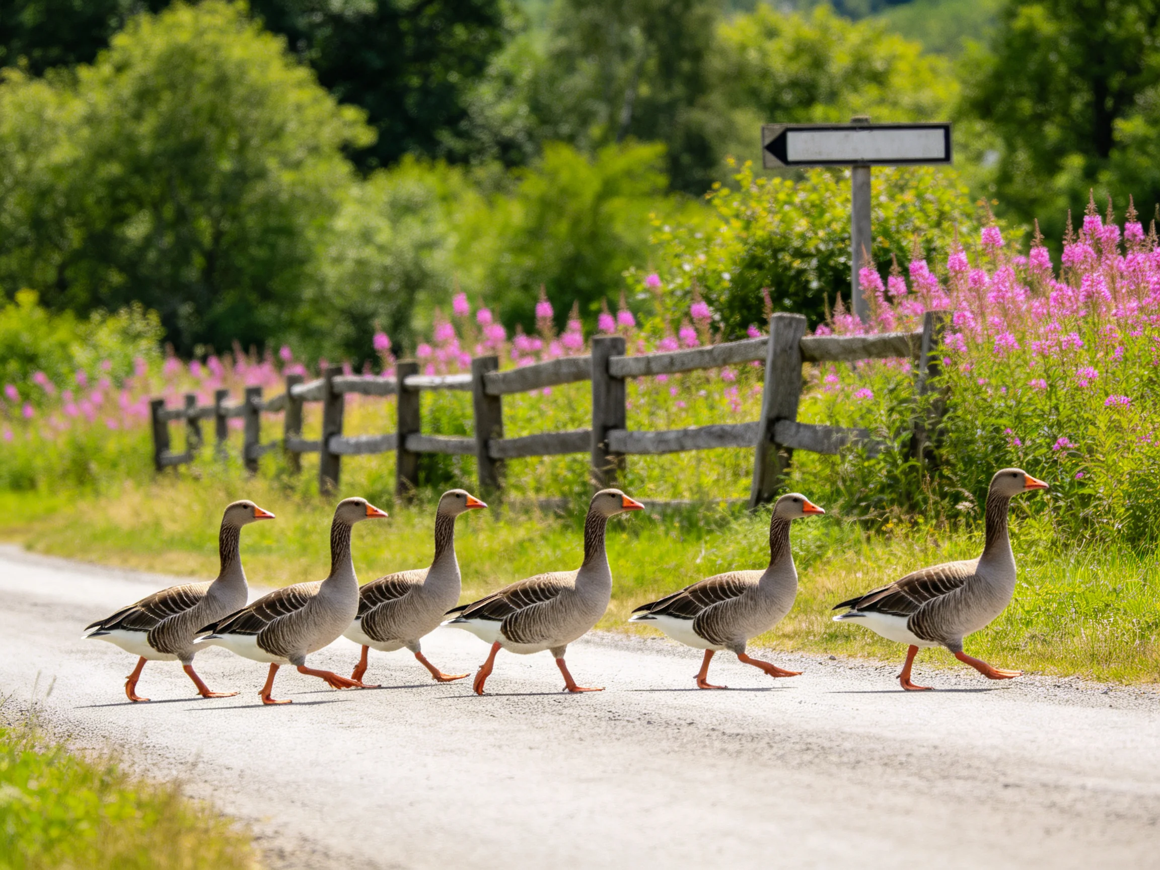 Six gray geese cross a rural road near a wooden fence and vibrant pink wildflowers