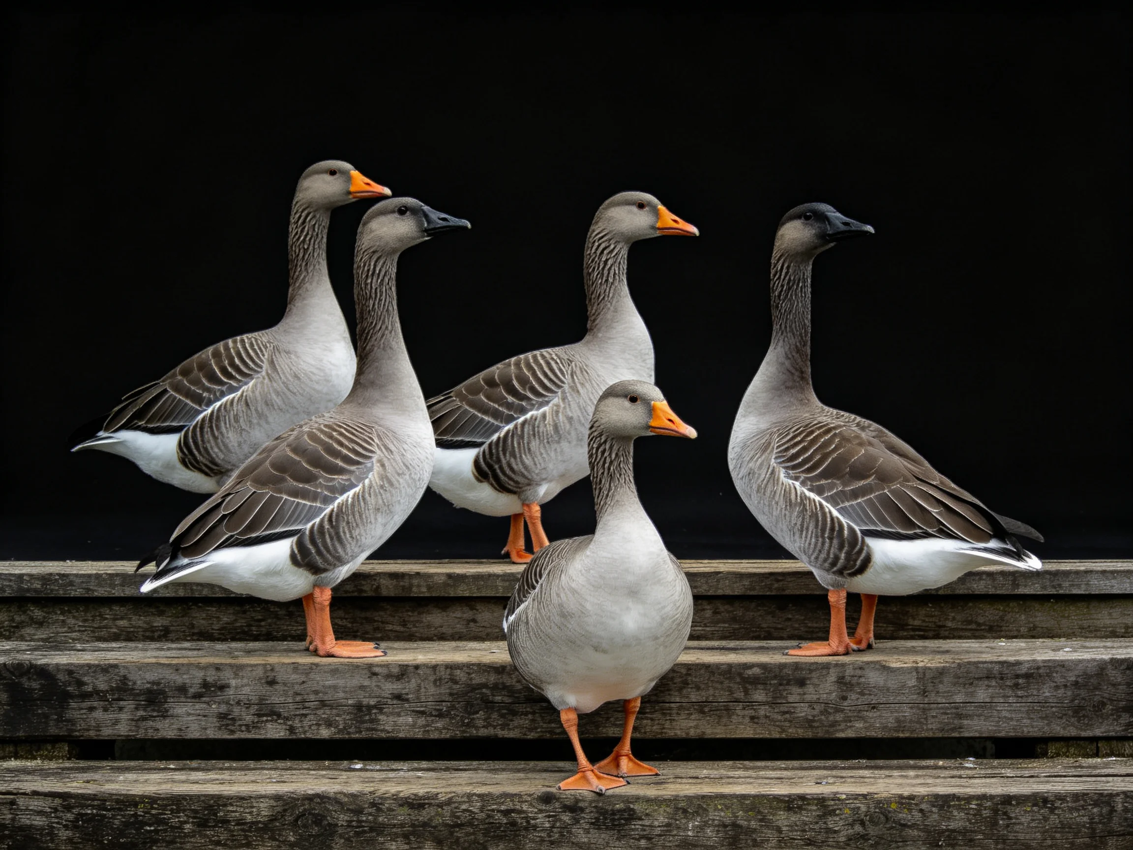 Six gray geese with orange beaks gathered on weathered wooden steps