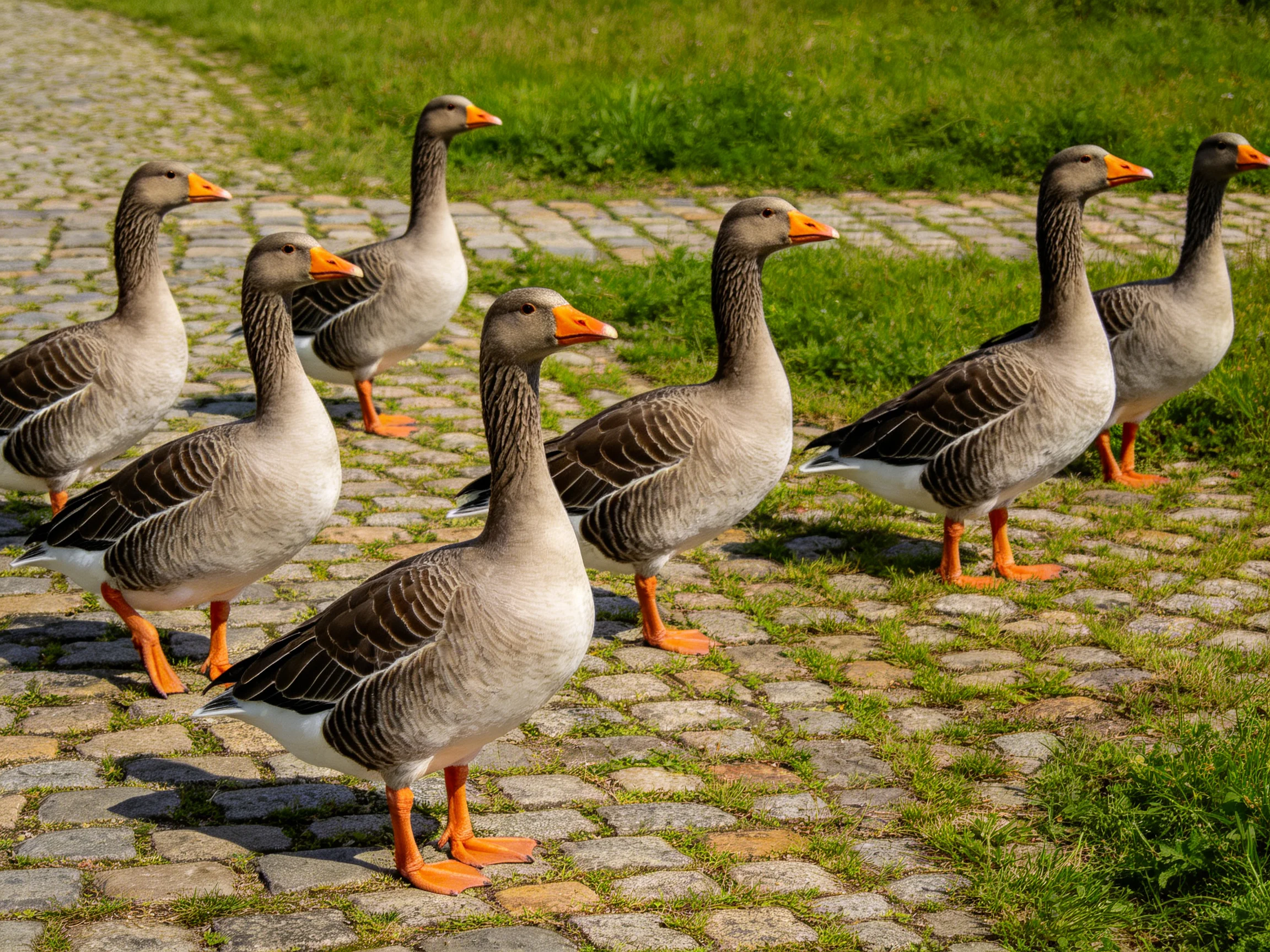 Six gray geese with orange beaks stand on cobblestone path beside green grass