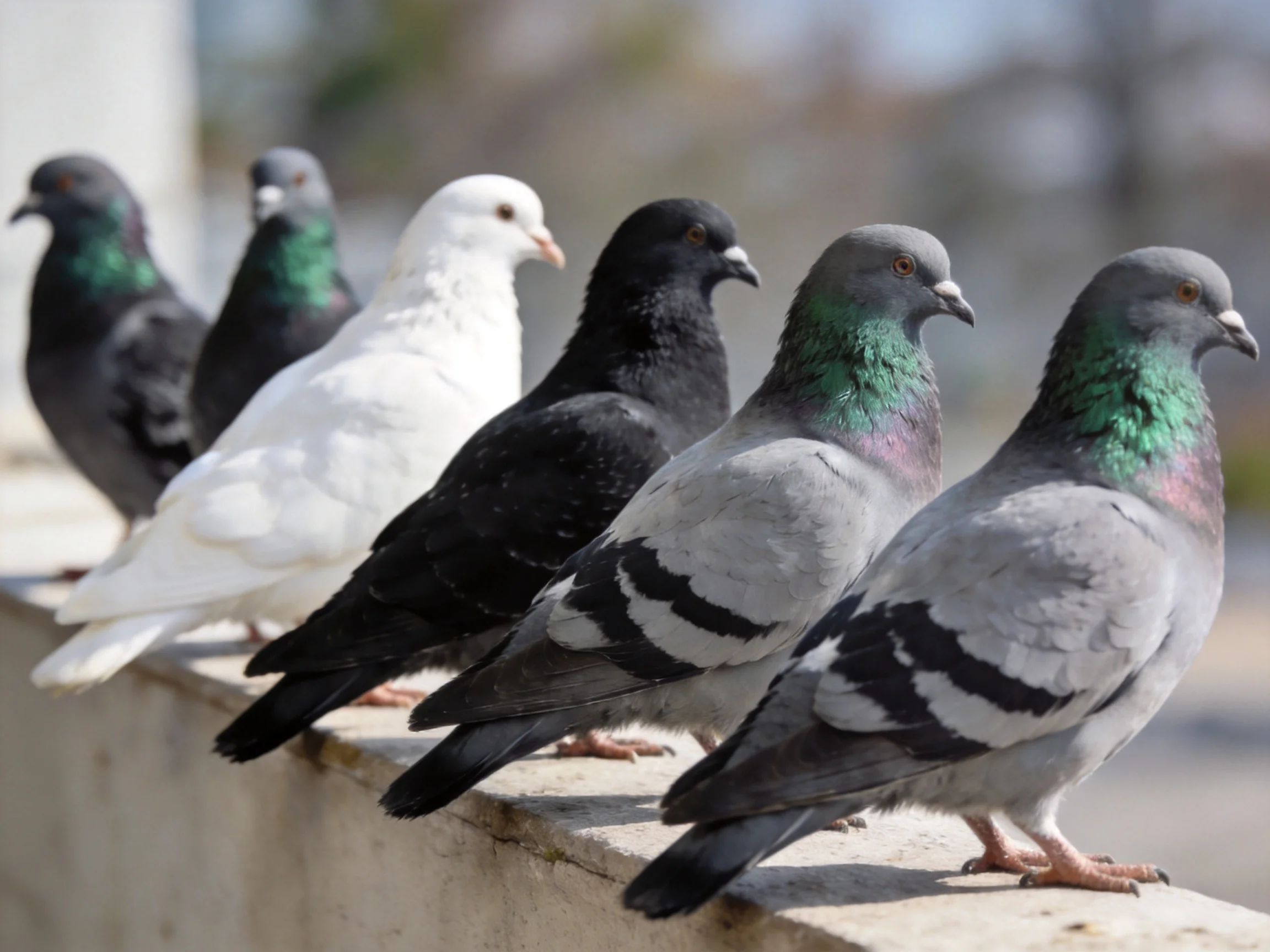 Six pigeons of diverse colors resting on a concrete ledge