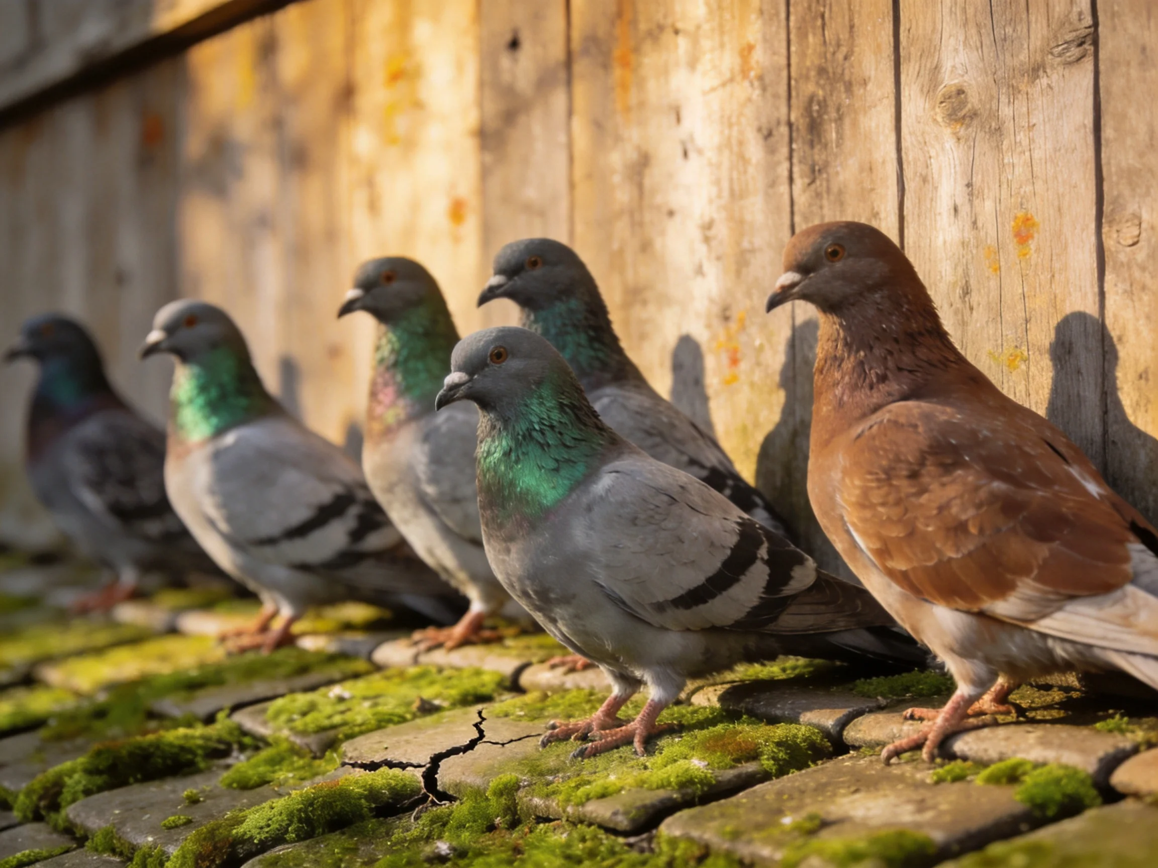 Six pigeons with diverse plumages near an aged wooden fence