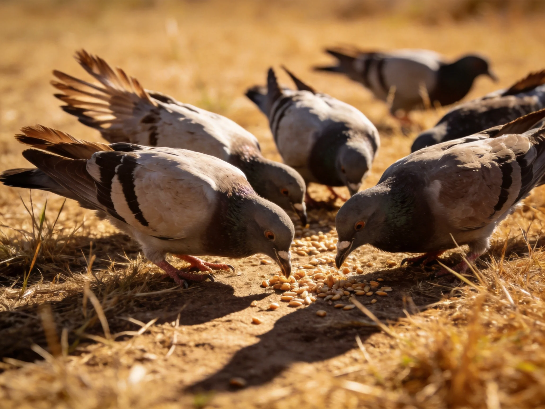 Six pigeons with gray and black plumage eating seeds on dry ground