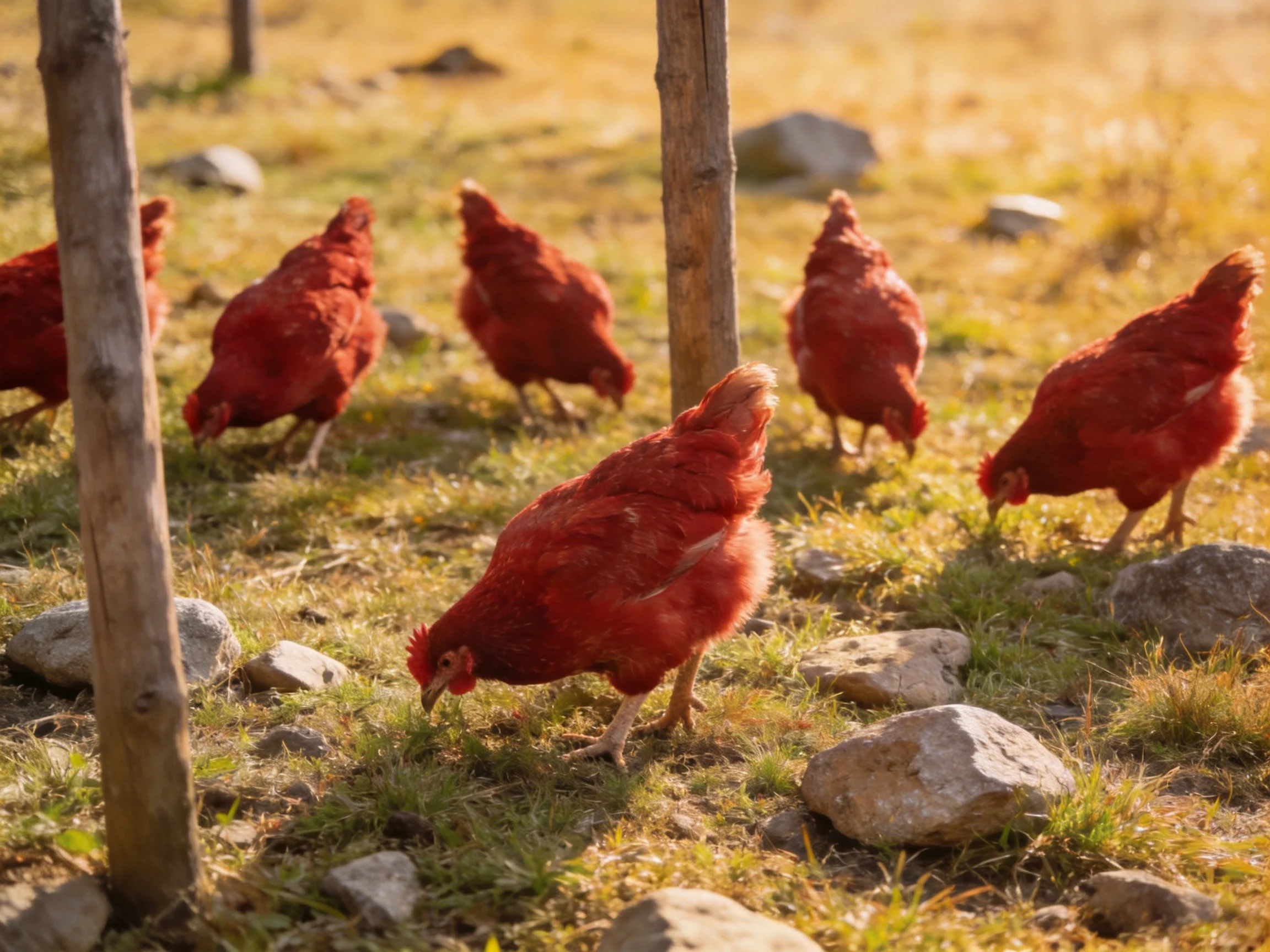 Six red chickens foraging near wooden posts and rocks