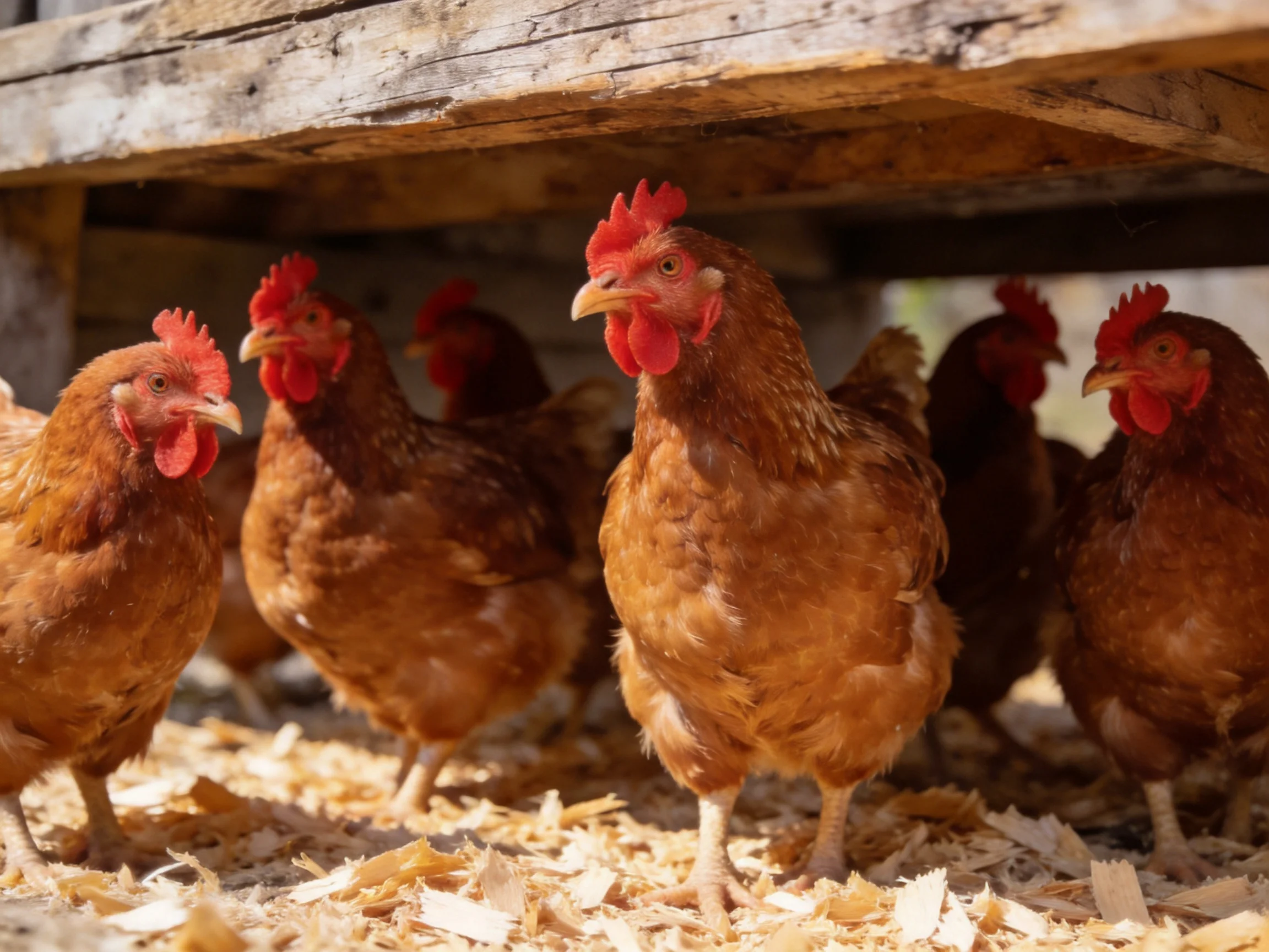 Six reddish-brown chickens cluster beneath a weathered wooden structure