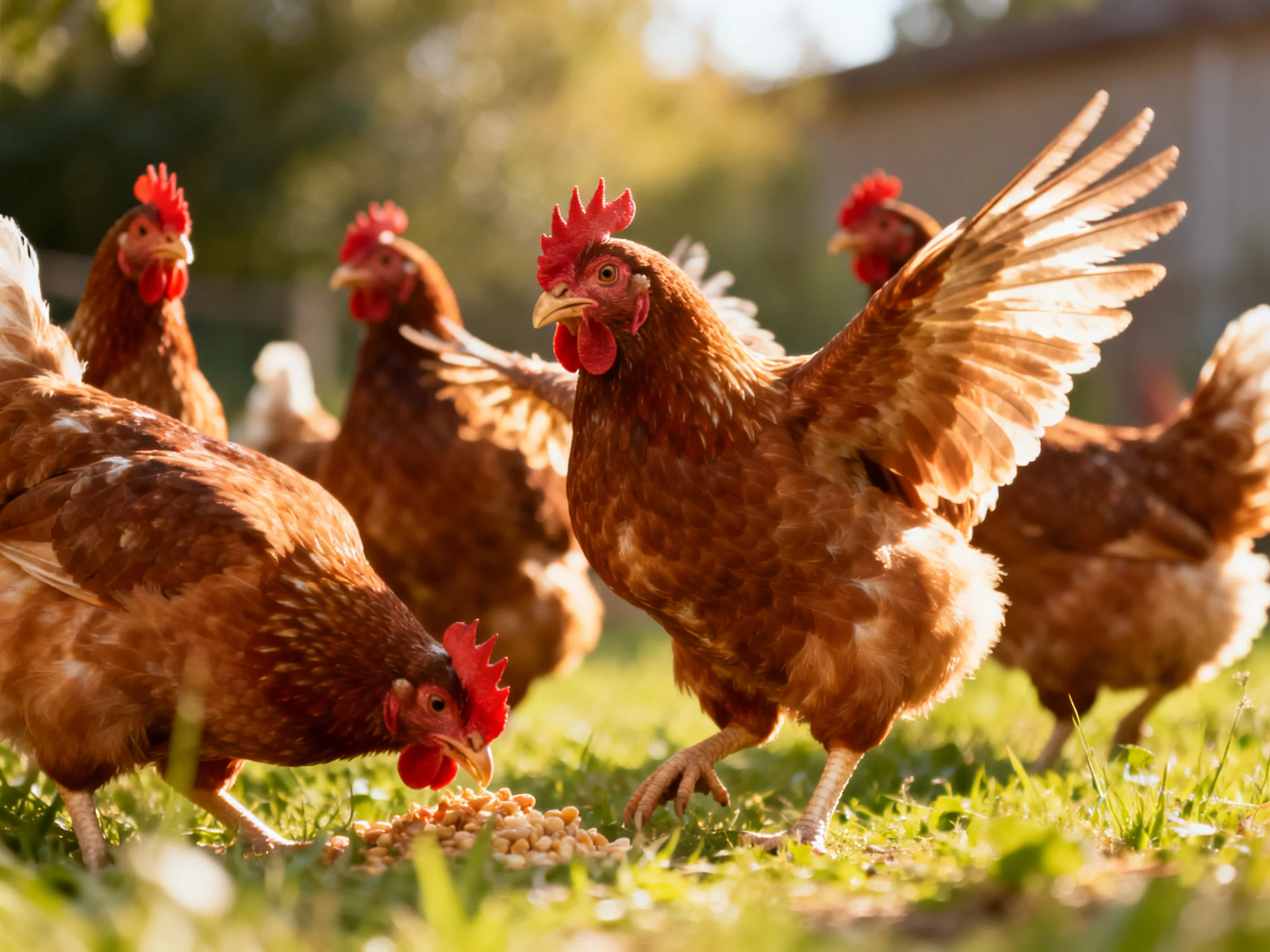 Six reddish-brown chickens pecking feed in a sunlit grassy area