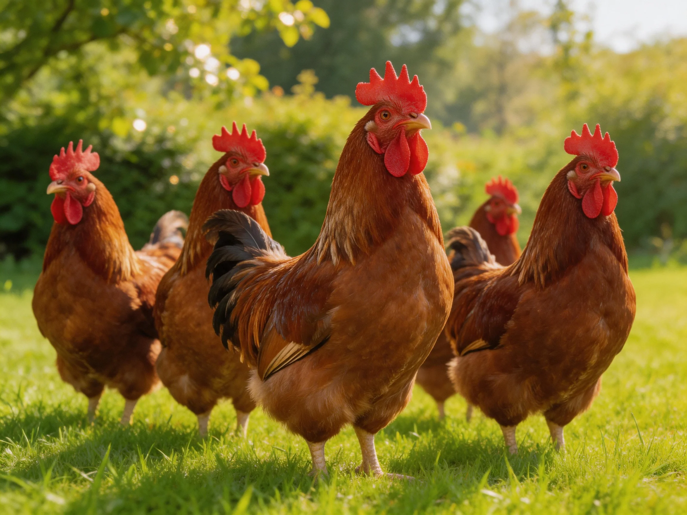 Six reddish-brown chickens with bright red combs in a sunlit green field