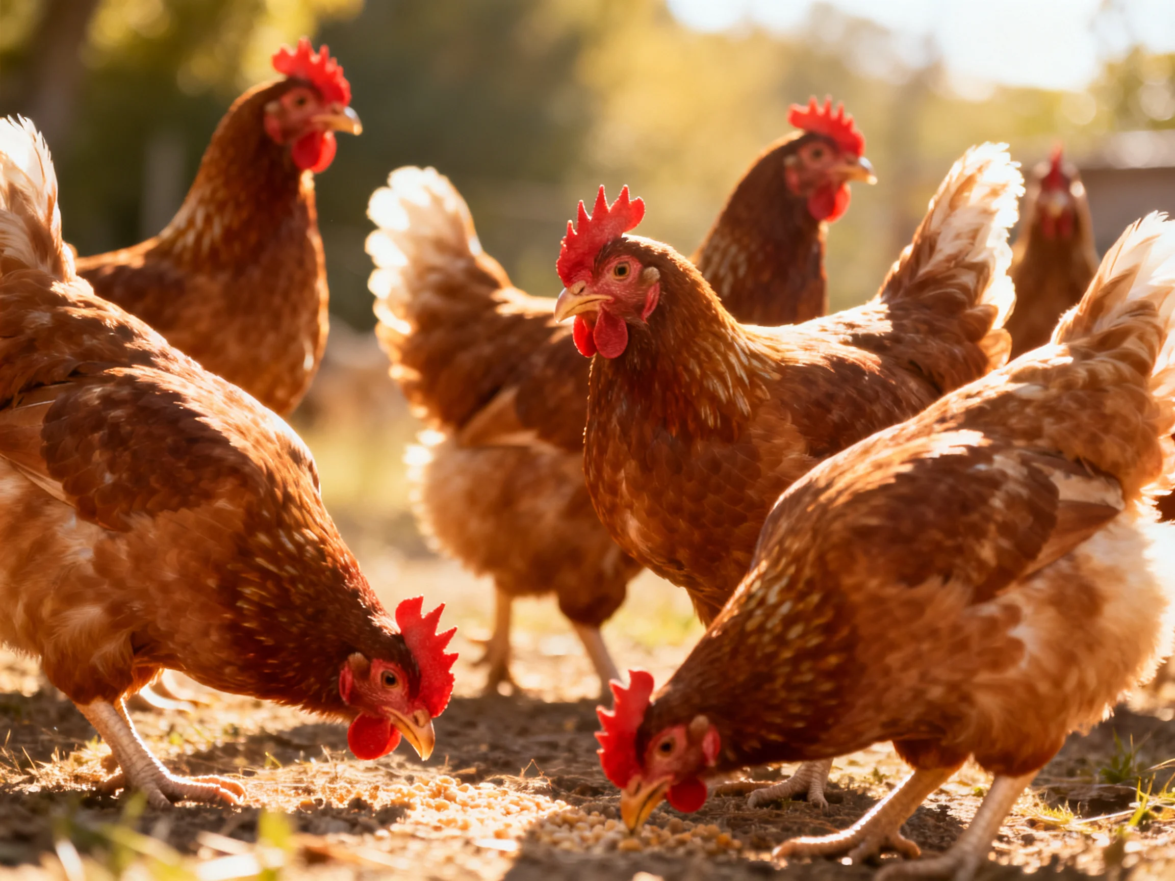 Six reddish-brown chickens with red combs pecking at ground outdoors