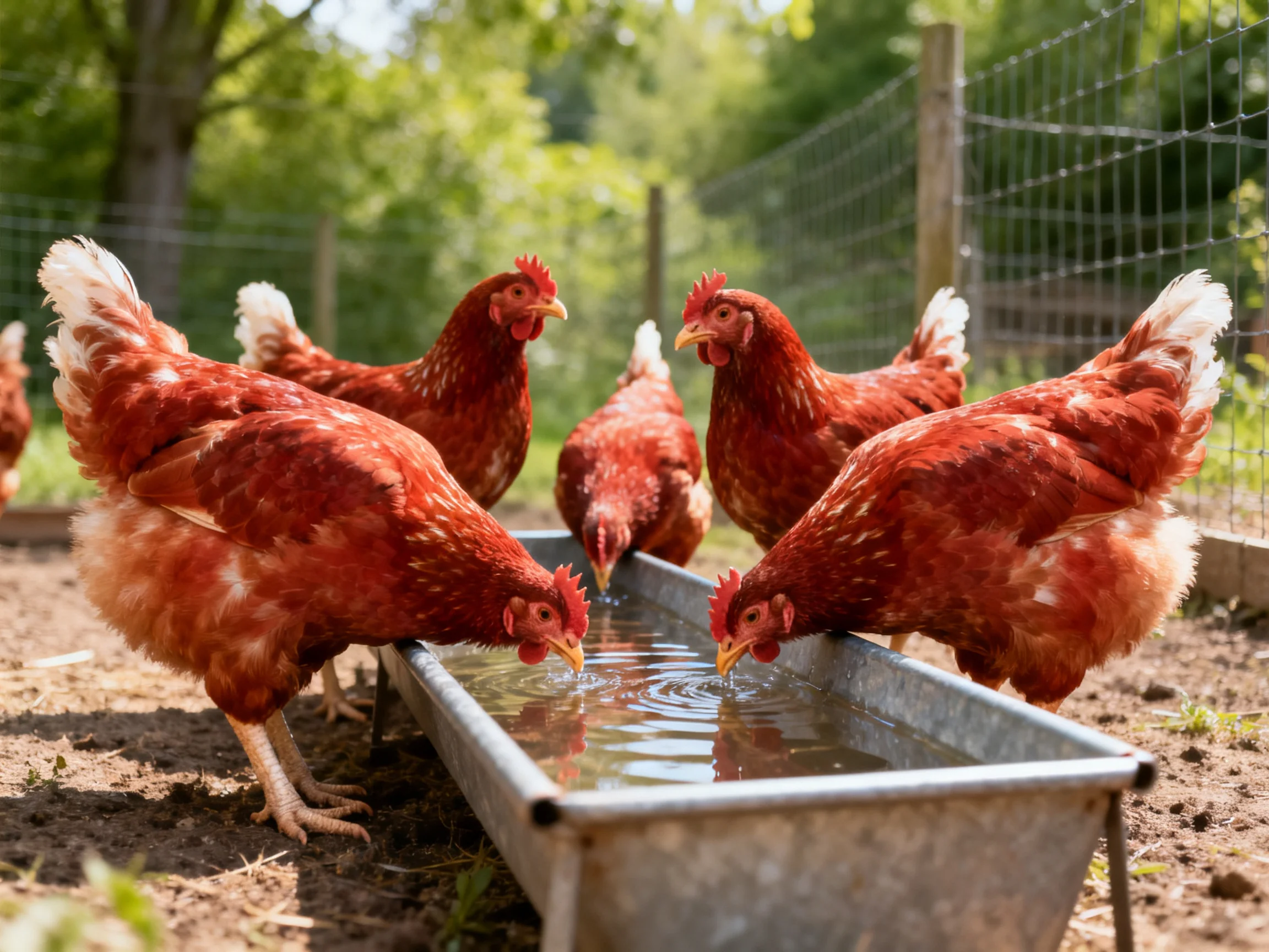 Six reddish-brown hens drink from a metal trough outdoors