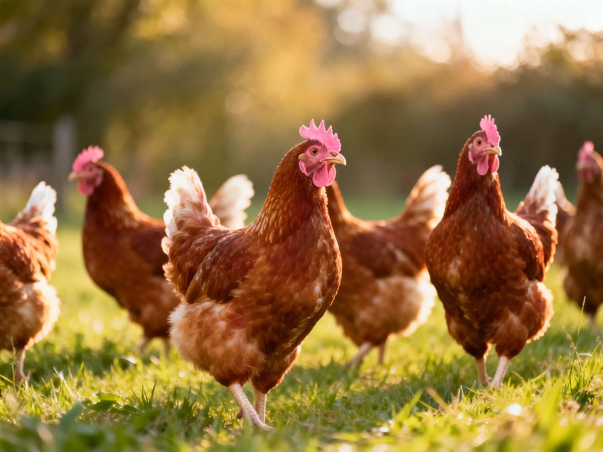 Six reddish-brown hens forage in a sunlit green pasture
